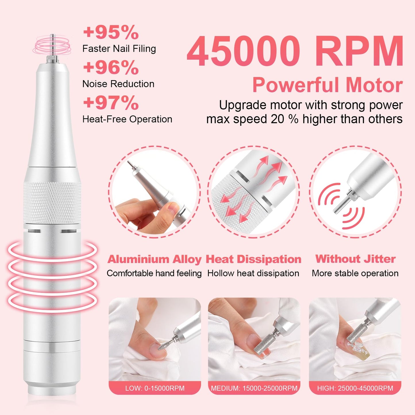 Nail Drill Machine Electric 45000RPM Rechargeable Portable Nail Drill Kit DIY Nail File Electric with Smart LCD Screen for Gel Nail Manicure and Pedicure Reflective Body etc(White)