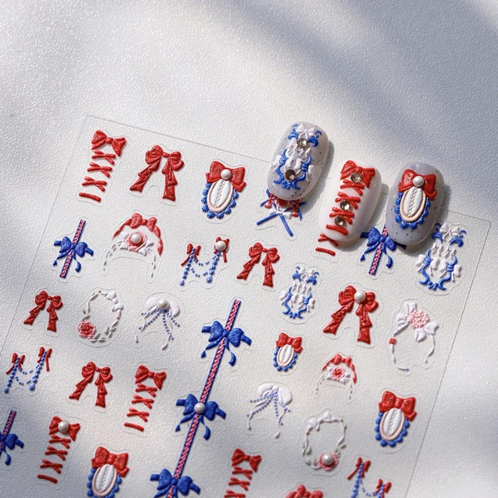 Cartoon Red Blue Bow Nail Stickers with 5D Embossed Pearl Design Irregular Frames Nail Art Stickers 3D Self-Adhesive Spring Nail Decals Summer Nail Manicure Accessories for Women Girls 1 Sheet