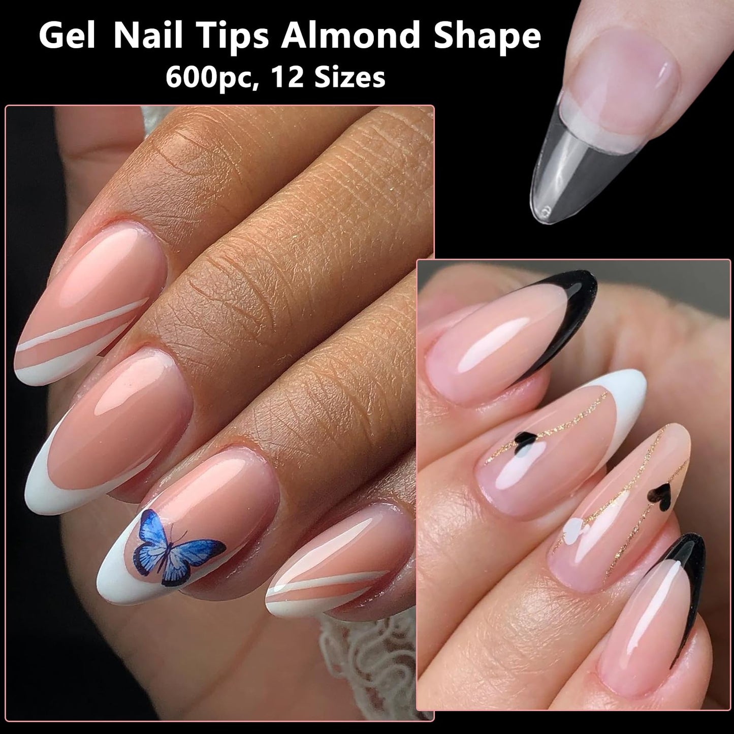 LoveOurHome 600pc Almond Nail Tips Medium Fake Nails Clear Press on Nail Almond Full Cover Short Stiletto Soft Gel Nails Tip Medium Artificial False Fingernails for Gel Acrylic Nail Extension
