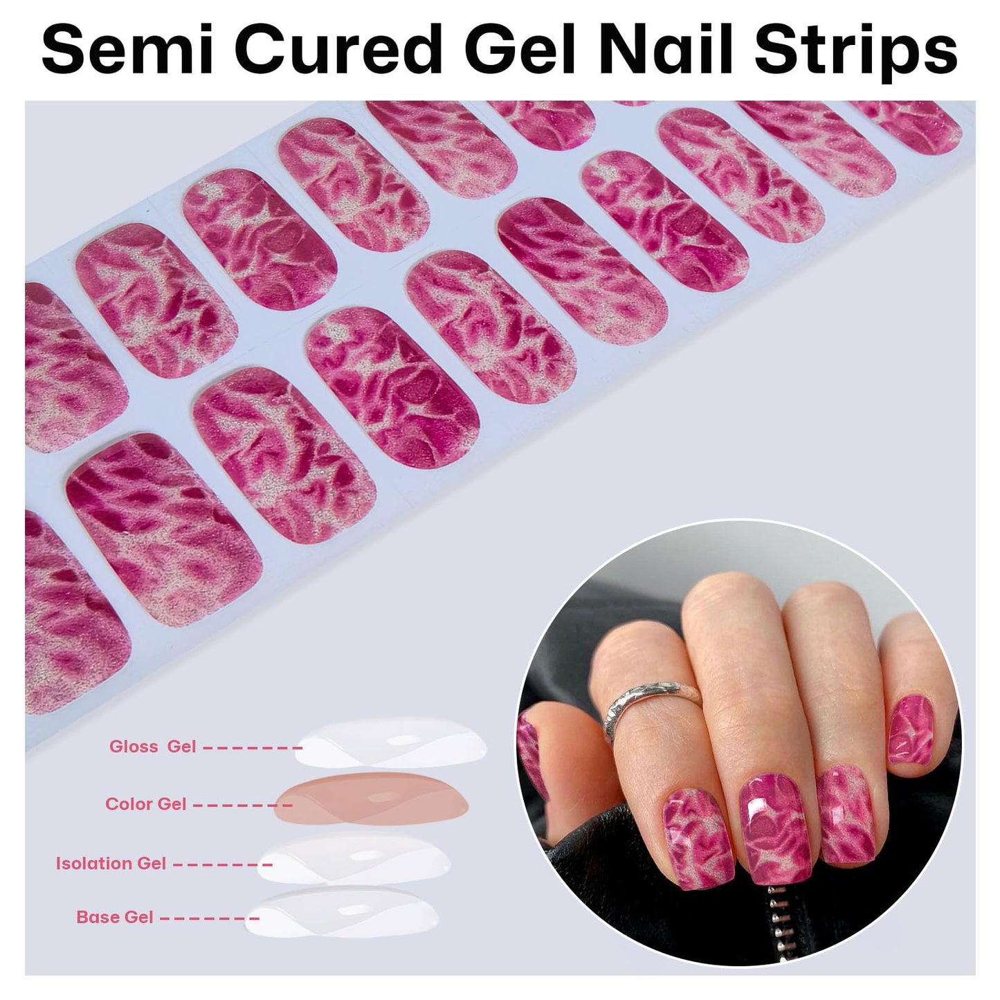 Semi Cured Gel Nail Strips with Pink Marble Designs Glitter Gel Nail Stickers Glossy Nail Strips Salon Quality & Easy to Use 20 Pcs for Women