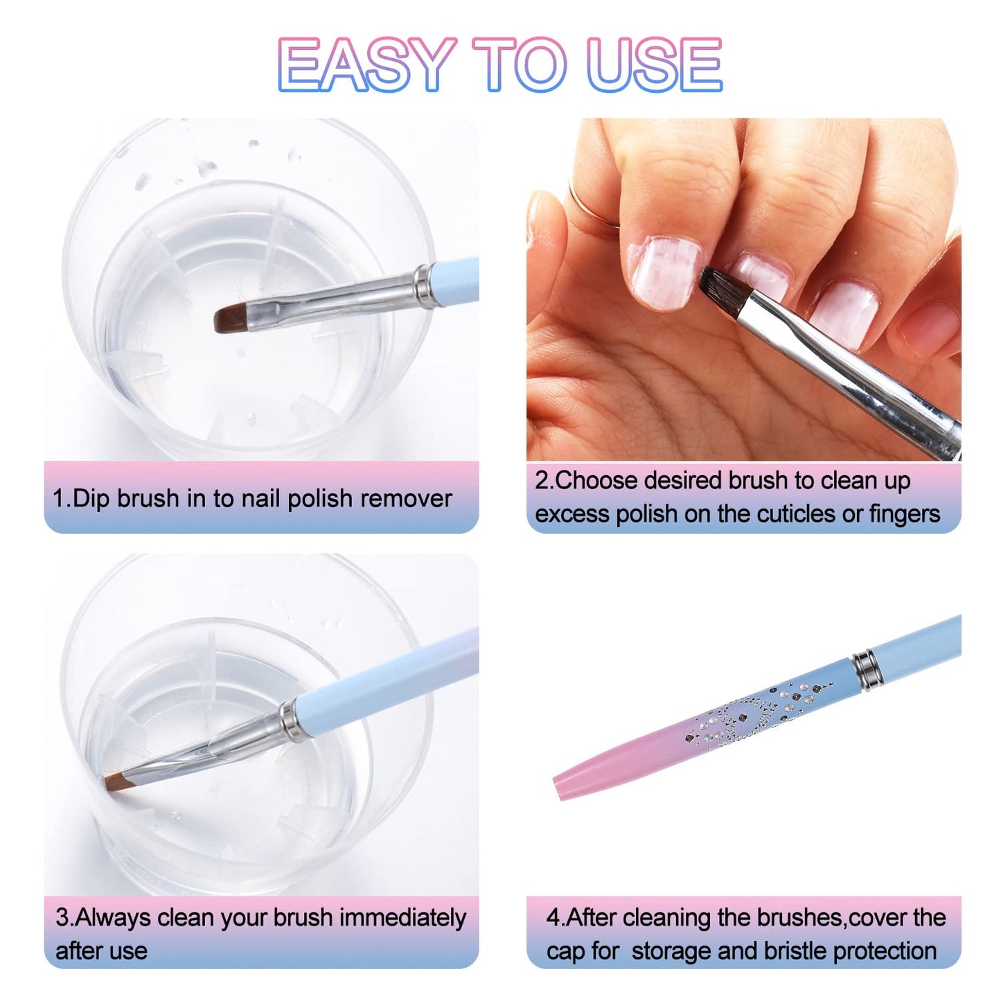 INENK 2PCS Round&Angled Nail Art Clean Up Brushes for OPI Nail Polish Remover + 6PCS Gold Nail Liner Brushes for Detail Painting Design Fine Lines Drawing, 5/7/9/11/15/25mm