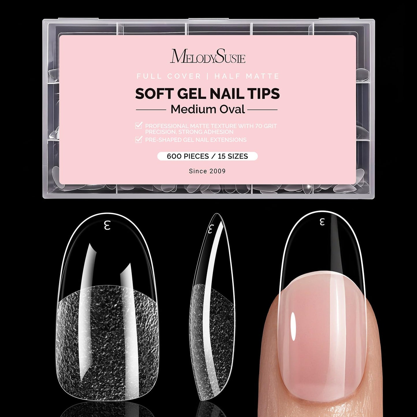 MelodySusie Medium Oval Round X Nail Tips - 600Pcs 15 Sizes Clear Acrylic, Half Matte Full Cover Press on Nails for DIY Extension & Salon Use, Pre-Shaped for Long-Lasting Manicure