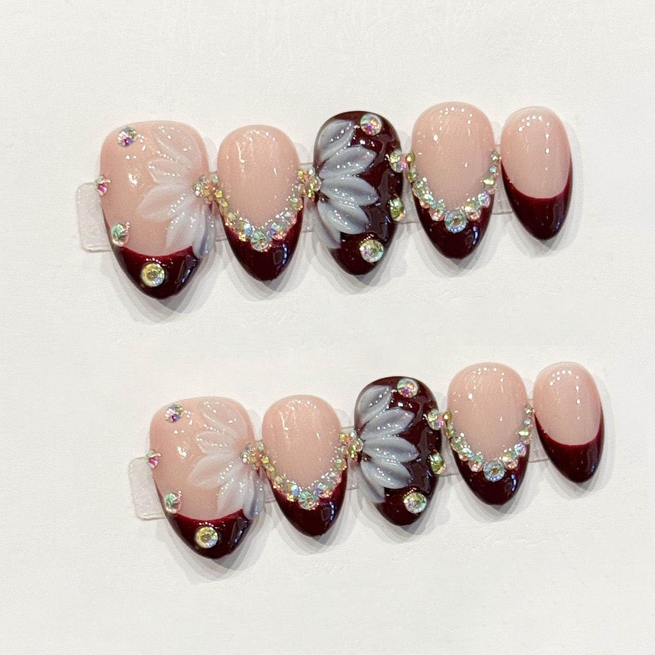10Pcs Short Almond Handmade Press On Nails | Easy Apply & Remove, Reusable Salon Quality Nails | Elegant Burgundy French Tip Fake Nails with 3D Floral & Rhinestone Accents (RR04, S)