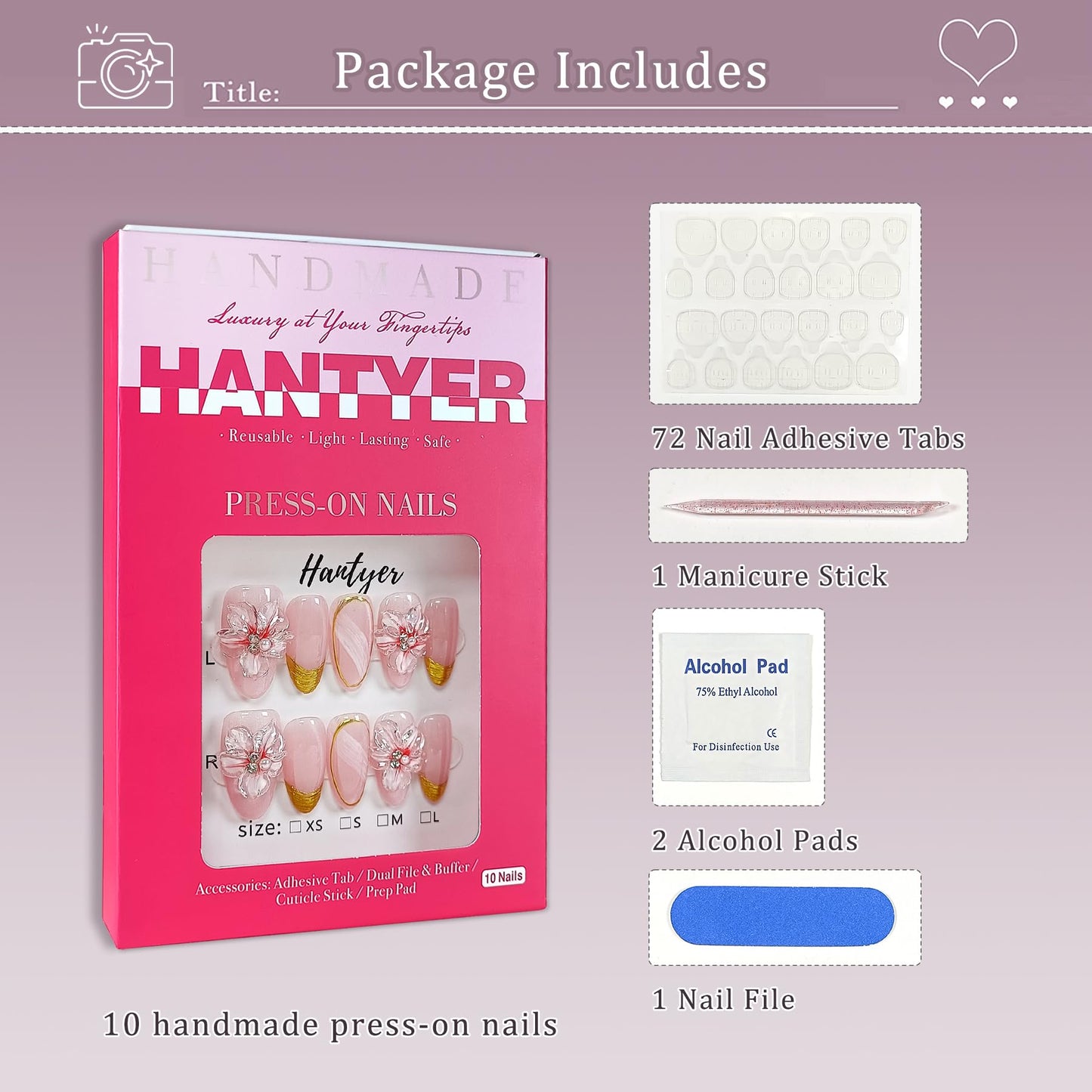 Hantyer Press on Nails, Medium Oval Fake Nails, Pink Cat Eye Base & Gold French Tips, 3D Cherry Blossoms & Icy Pink Jelly Finish, Reusable Gel Nails Sweet & Elegant Style for Women(Size XS)