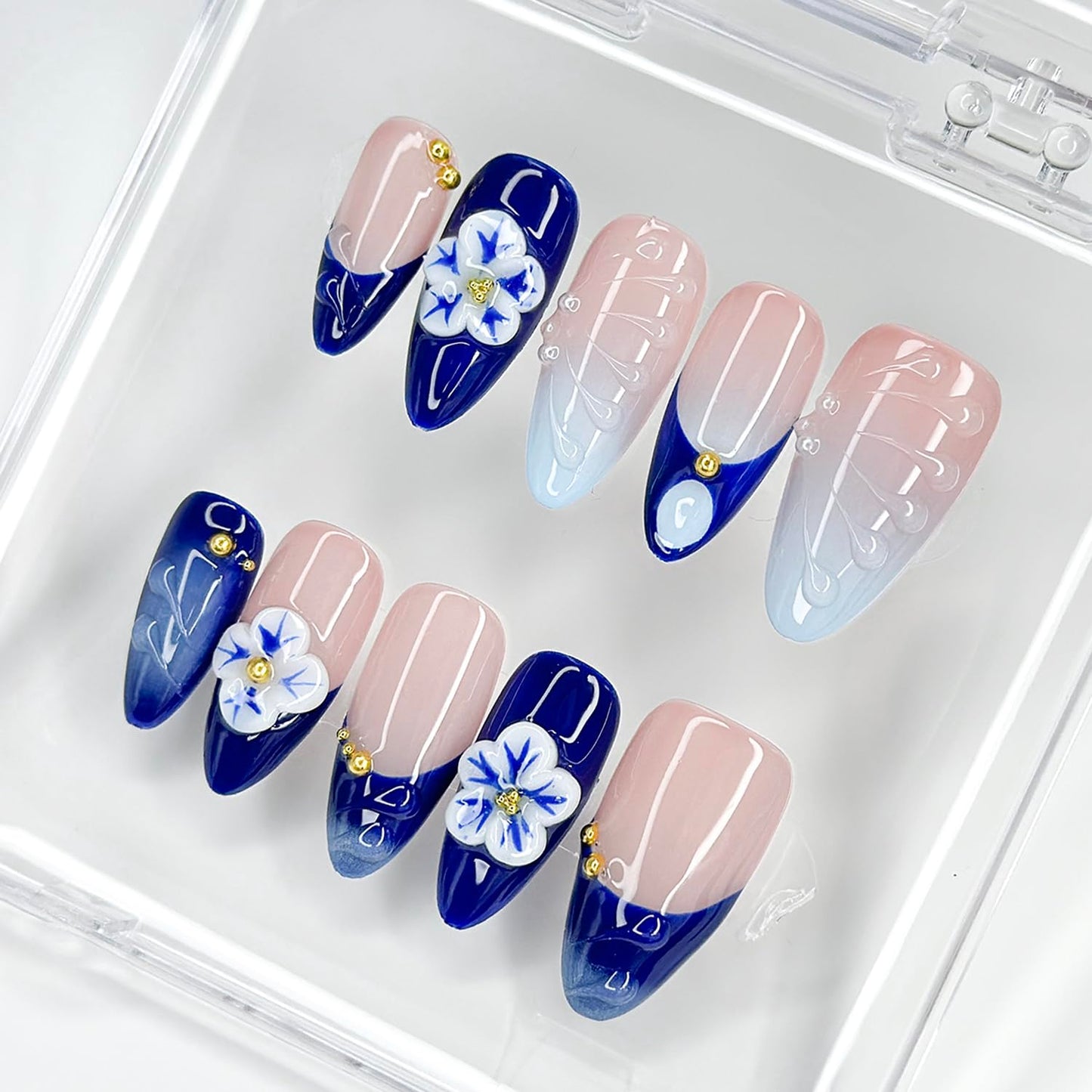 Luxury Press on Nails Medium Almond Handmade 3D French Tip Unique Reusable ABS Material Fake Nails Blue False Nails with Designs Pearls Floral Art Petal Glossy Glue on Nails Thick Acrylic Nails(S)