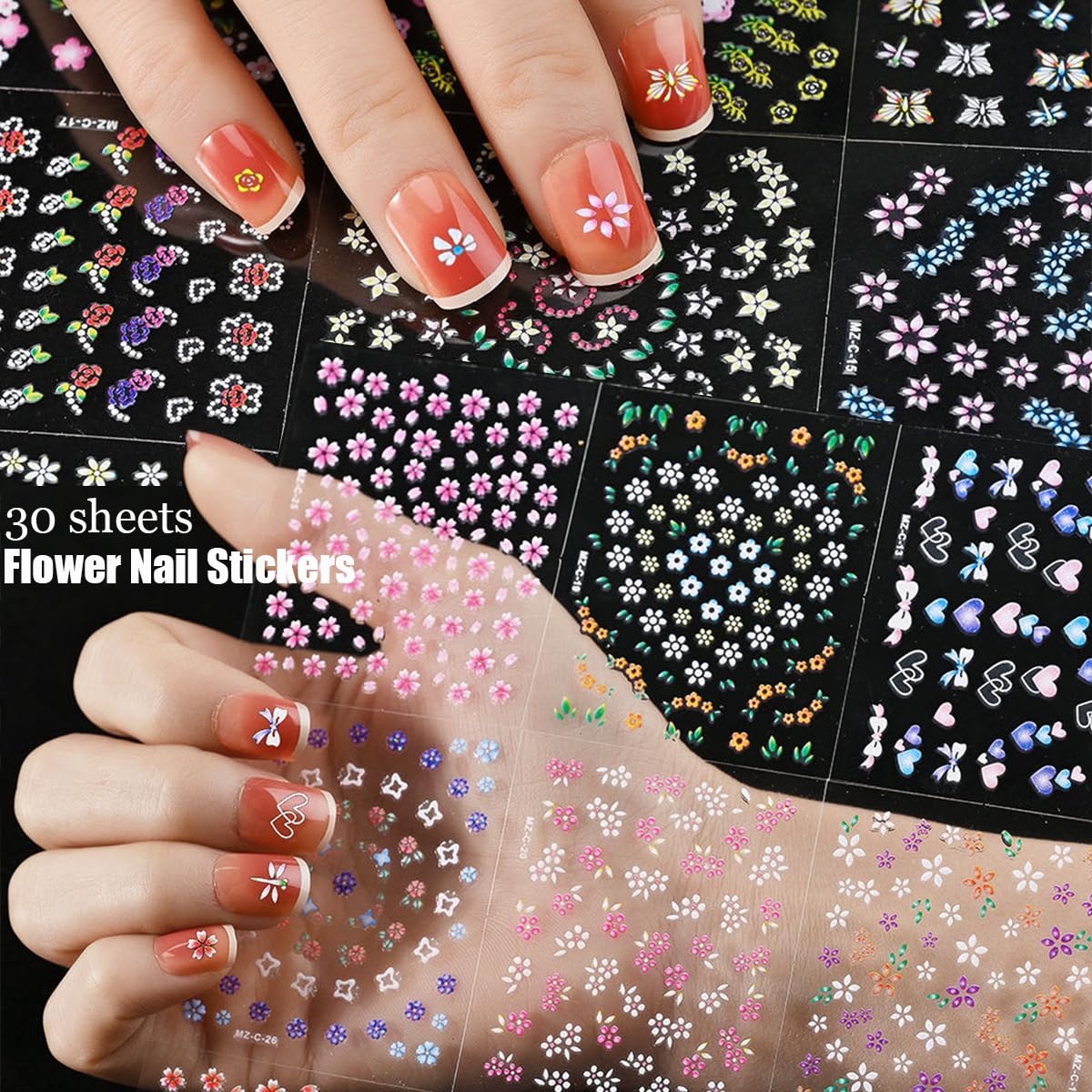 90 Sheets 3D Nail Art Stickers&Nail Decals Storage Book Set, 5D Self-Adhesive Floral Summer Nail Stickers with Rhinestones Nail Designs, Gold Nail Art Decals for Women Girls DIY Manicure Decoration