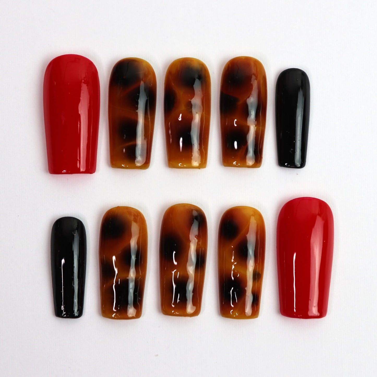 Tortoise Luxe Press-On Nails Medium Square | Handmade Tortoiseshell Red and Black Nails | Reusable False Nails | Elegant Custom Nail Set (Tortoise Luxe Red, M Medium Square)
