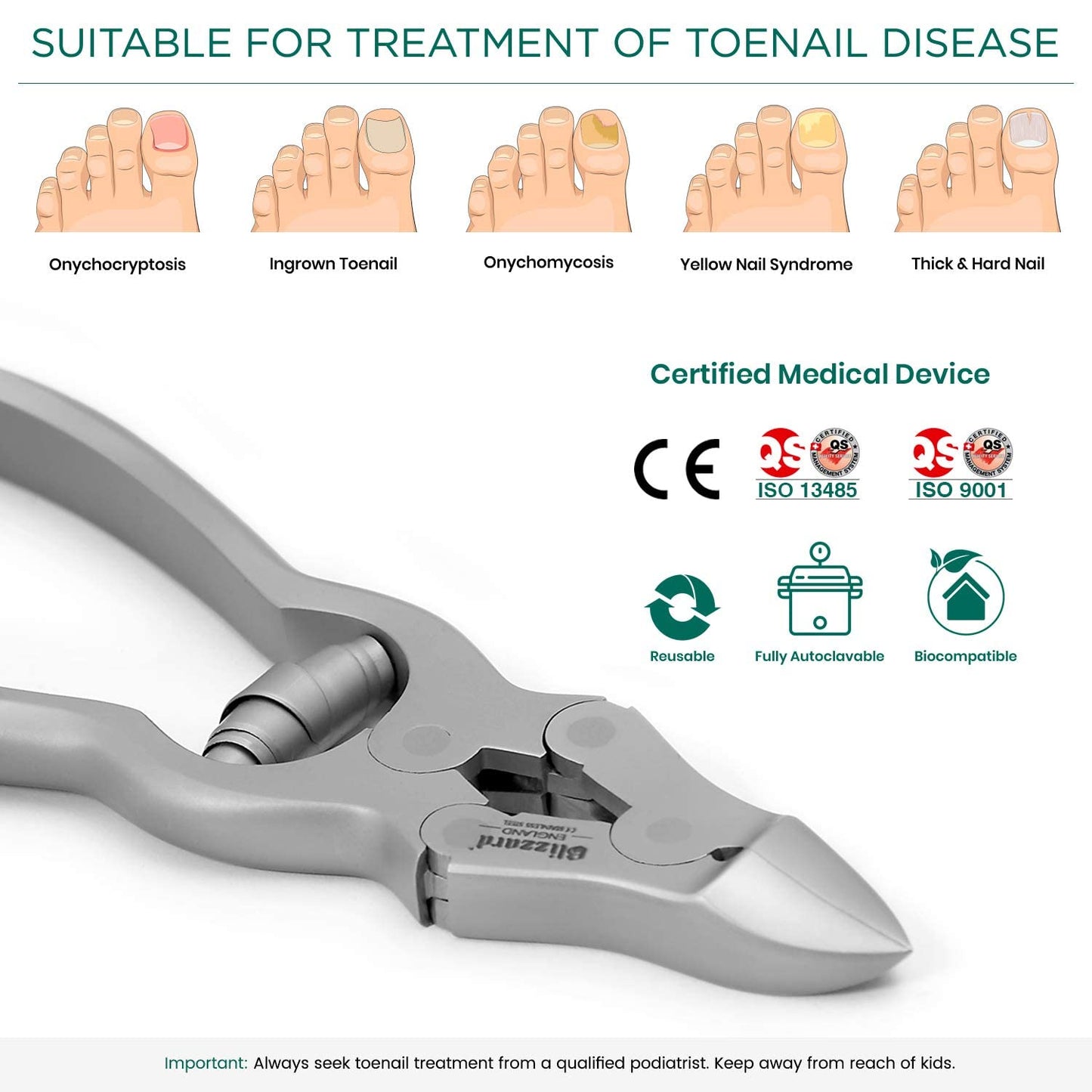 Blizzard Toenail Clippers - Podiatrist Toe Nail Clippers for Thick Nails for Seniors - German Forged Nail Cutter - Heavy Duty Double Action Nail Clippers for Men with Toenail File - 4.8" Barrel Spring