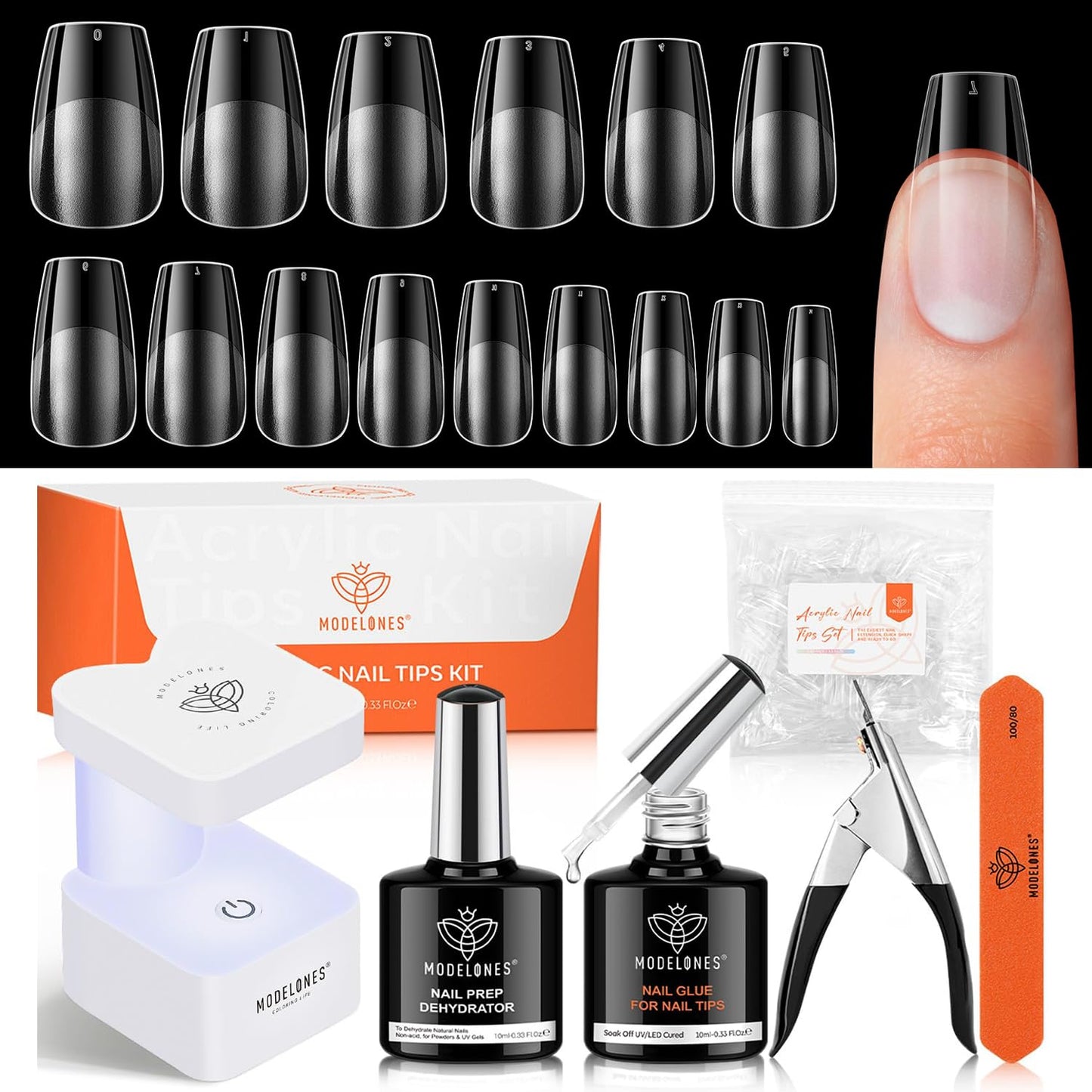 modelones X Nail Gel Kit Short Coffin,510Pcs Fake Nails 15Sizes, 9-in-One Glue Prep Dehydrator & Mini U V Light Clipper, Pre-shaped Half Matte Press on Short Coffin Tips for DIY Salon