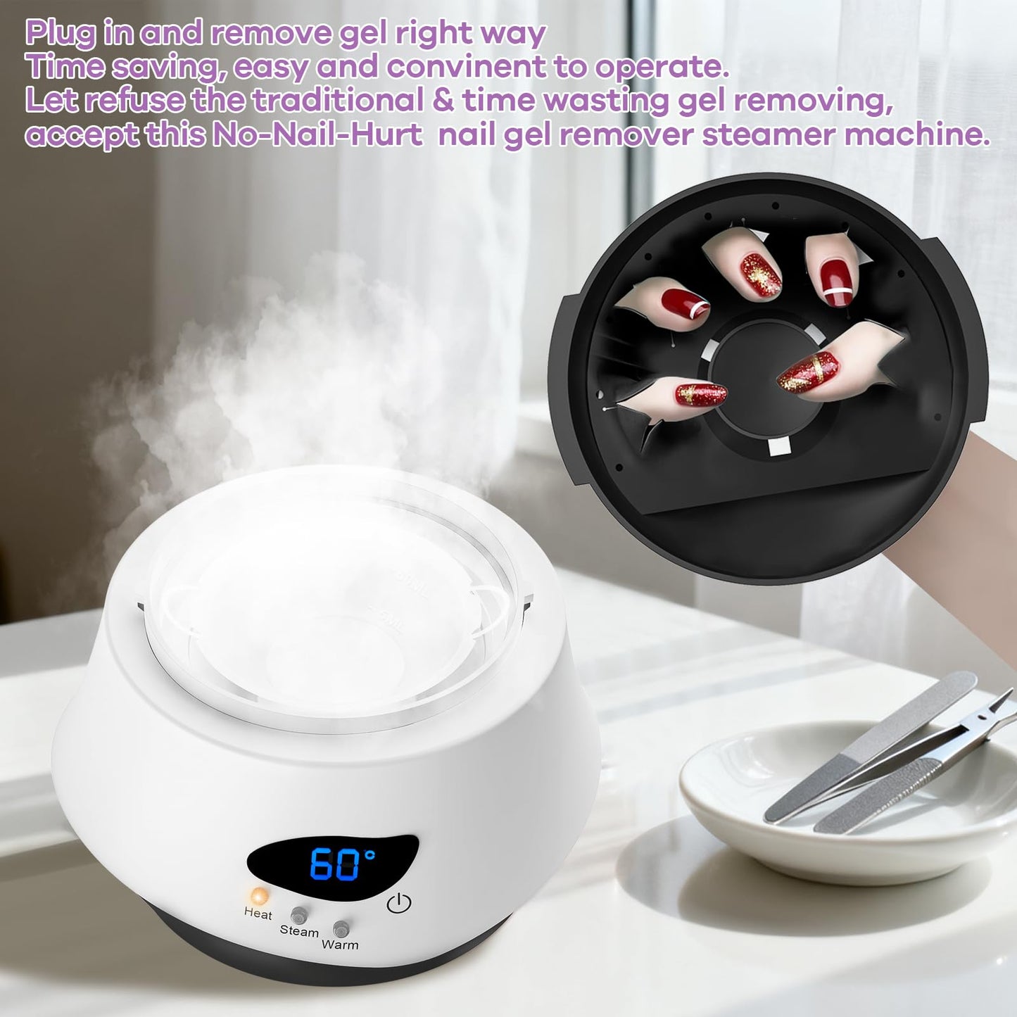 LINBEAUTI 50W Nail Steamer Gel Nail Polish Remover MachineQuick Nail Gel Removal Steamer Acrylic Nail Remover Gel Polish Remover for Salon Home Use Portable Electric Nail Steamer Tools