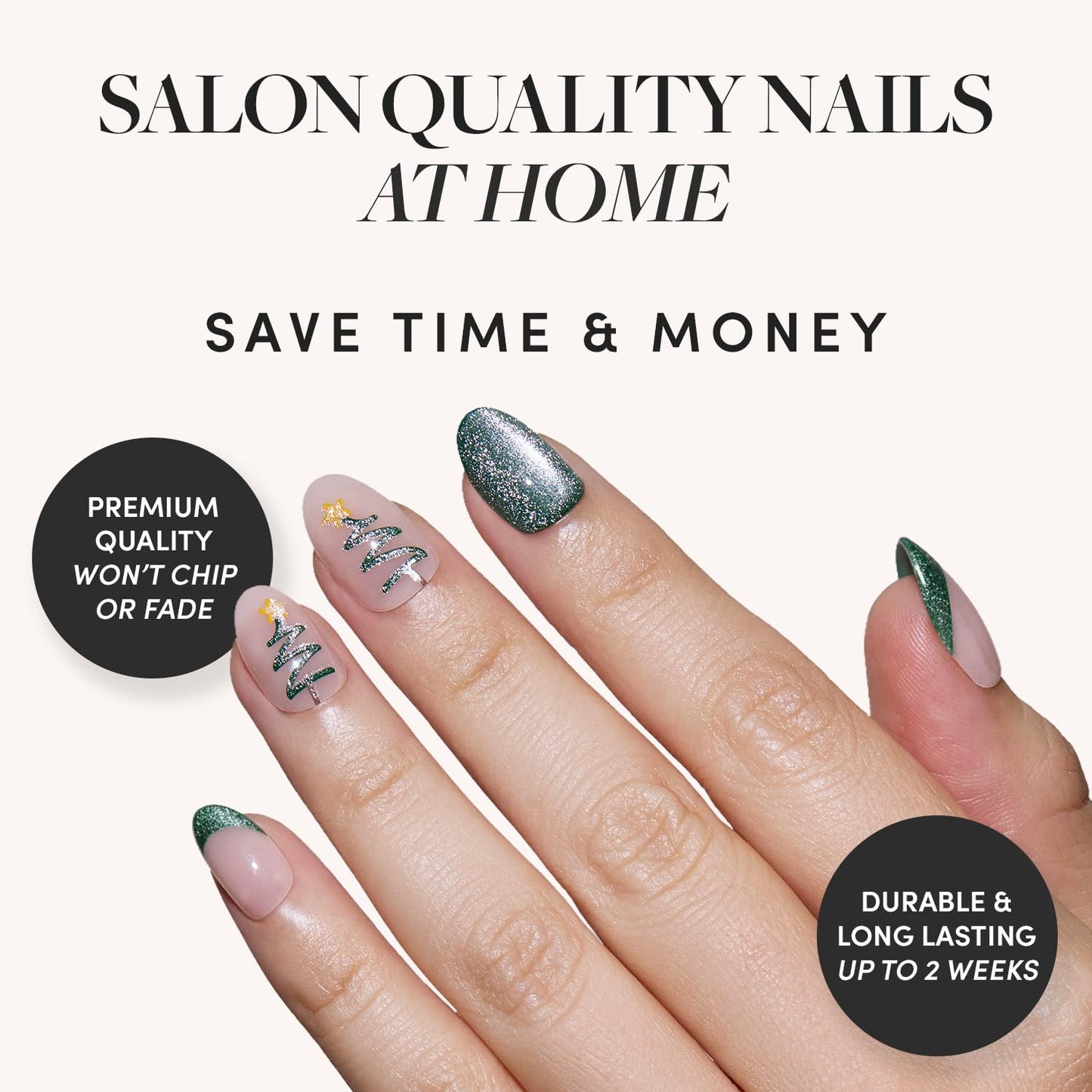 Glamnetic Press-On Nails Bundle - Sweater Weather, Cold Hearted & Velvet Pine | Short Almond Fake Nails with White Glitter French Tips & 3D Designs | Short Almond Fake Nails with Heart Accent and Pale