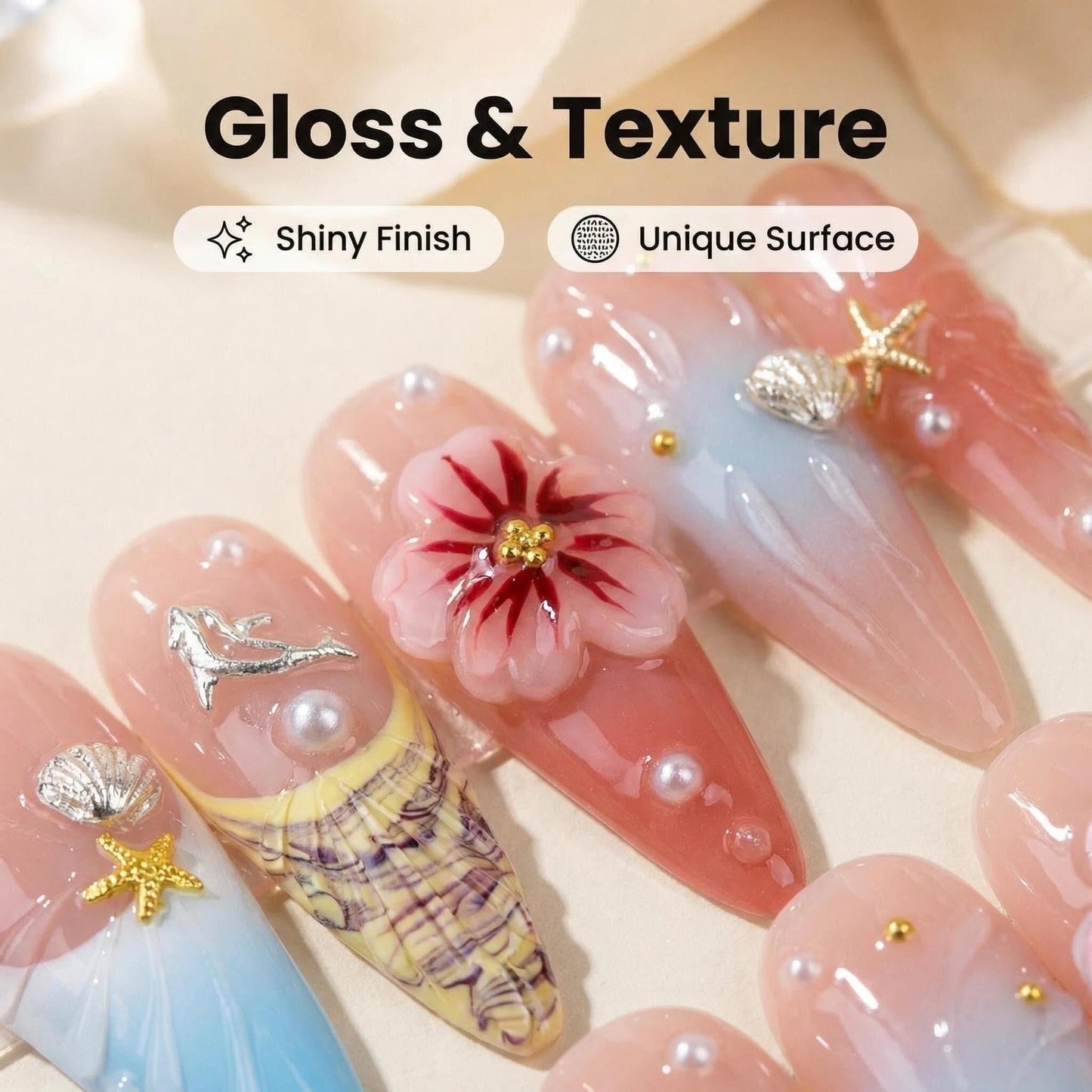 Handmade Press on Nails Long Stiletto False Nails Blue French Tip Fake Nails with 3D Red Flower and Dolphin Designs Sparkly Rhinestones Charm luxury Artificial Nails for Women (Size M）10pcs