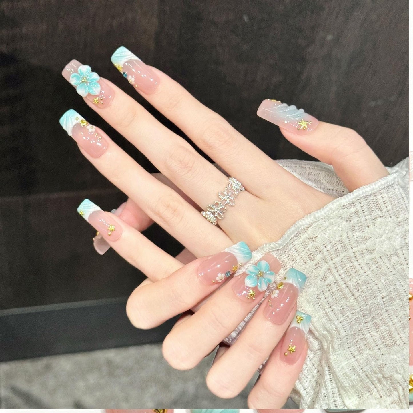 10 Pcs Handmade Press on Nails Medium Square Fake Nails with Blue 3D Flower Design False Nails Pink Acrylic French Tip Press Ons Nails Square M Size for Women Ocean Manicure