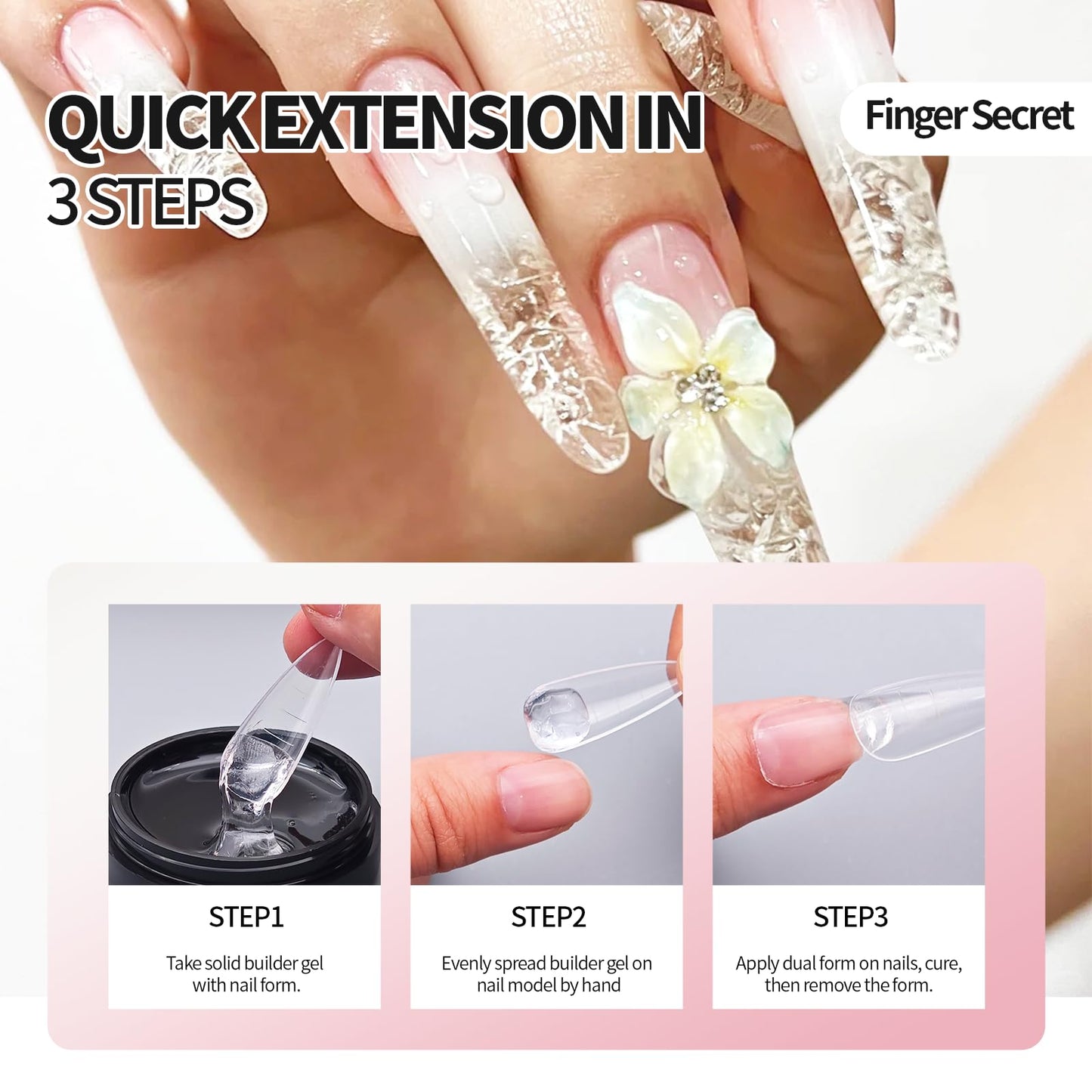 Finger Secret 3D Gel Nail Art Kit Solid Builder Gel for Nails 3D Sculpting Carving Building Modeling Hard Extension for Beginner DIY Salon at Home Cured Needed