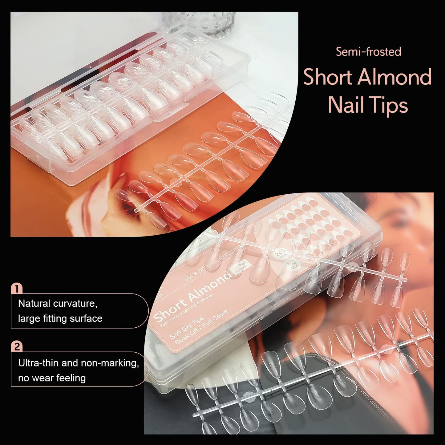 X&D Short Nail Tips Pre-buff PMMA Ultra Thin False Nails, 240pcs Soft Gel Full Cover Fake Almond Nail Tips Soak Off X Gel Nail Extensions in 12 sizes