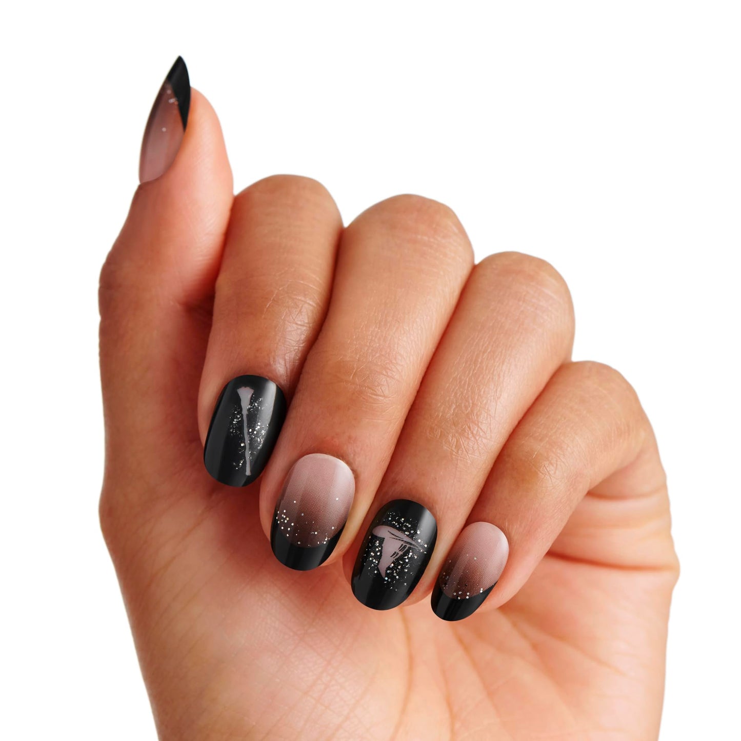 KISS X WICKED: FOR GOOD Press On Nails, ‘Own Your Power’, Black, Short Oval, Waterproof, Chip Proof, Smudge Proof, 28 Fake Nails, Pink Gel Nail Glue (2g), Mini Nail File, & Manicure Stick