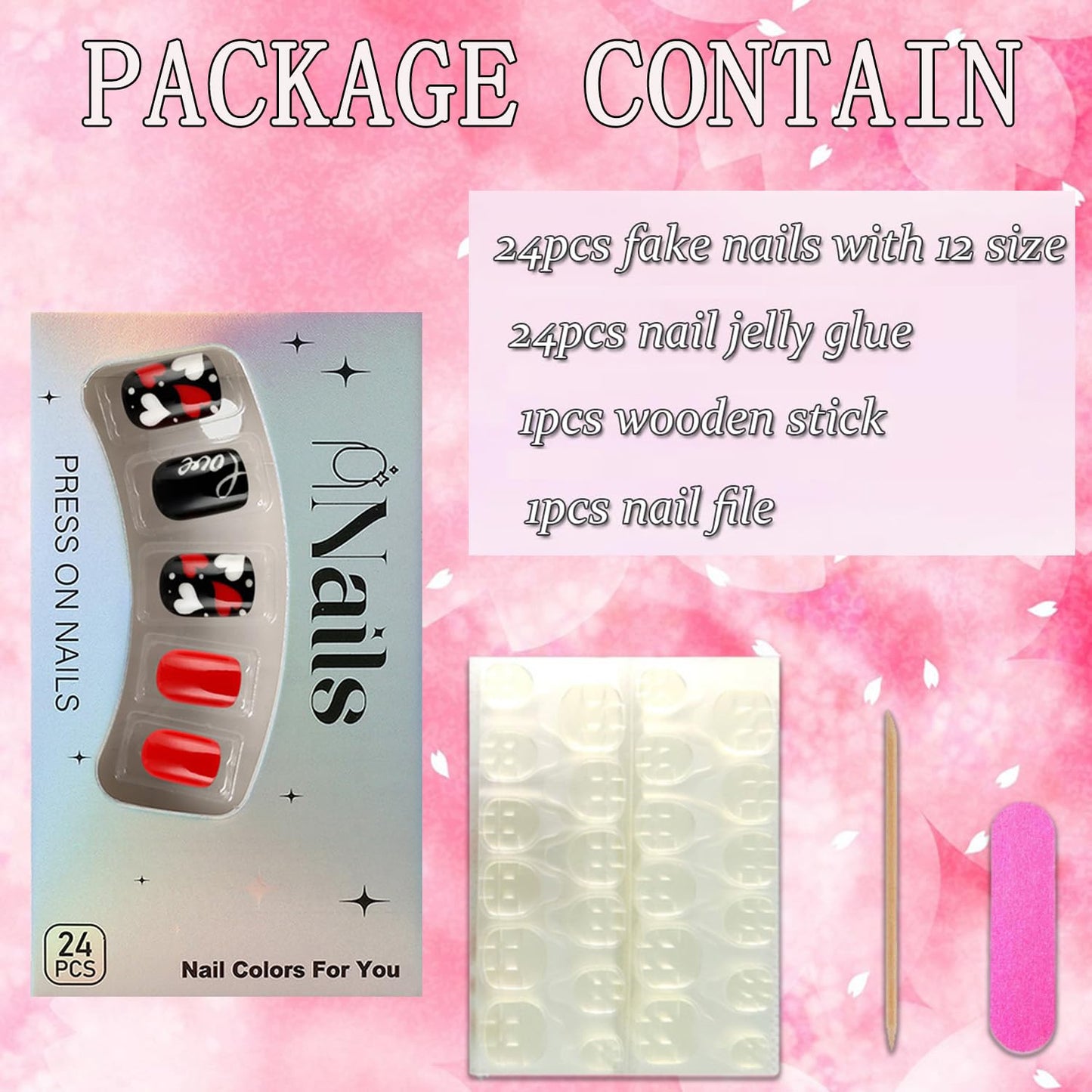 FIEONCIY Press-on Nails Short Square Glossy Full Cover Acrylic False Nails with Heart Designs Artificial Square Fake Nails Glue-ons Fingernails for Women Girls (24pcs/12sizes)