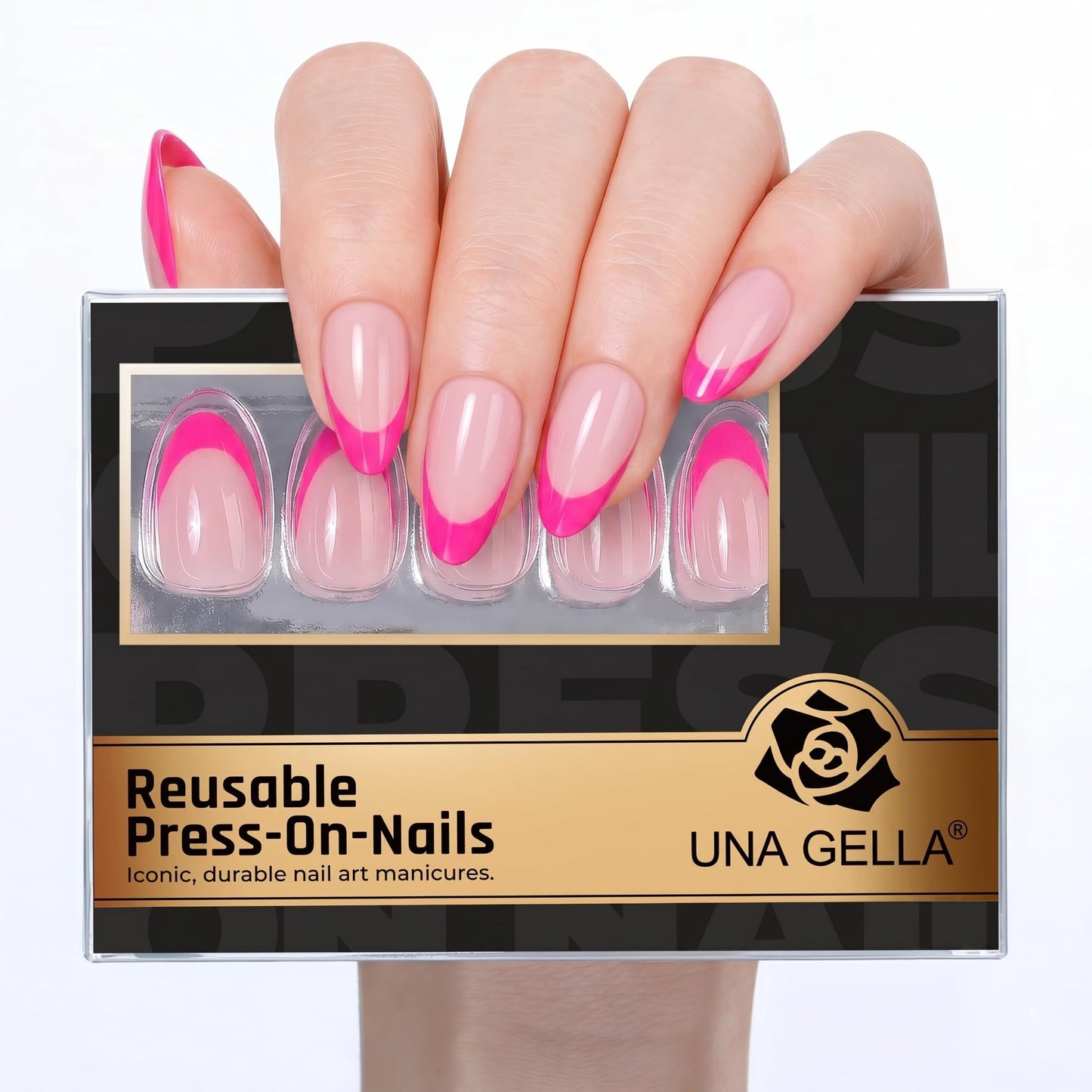 UNA GELLA 32Pcs Soft Gel Press on Nails - 16 Sizes Hot Pink Summer French Tip Almond Glue on Nails, Reusable Neon Pink False Nails, Full Cover Acrylic Nail Kit for Women DIY Home Manicure