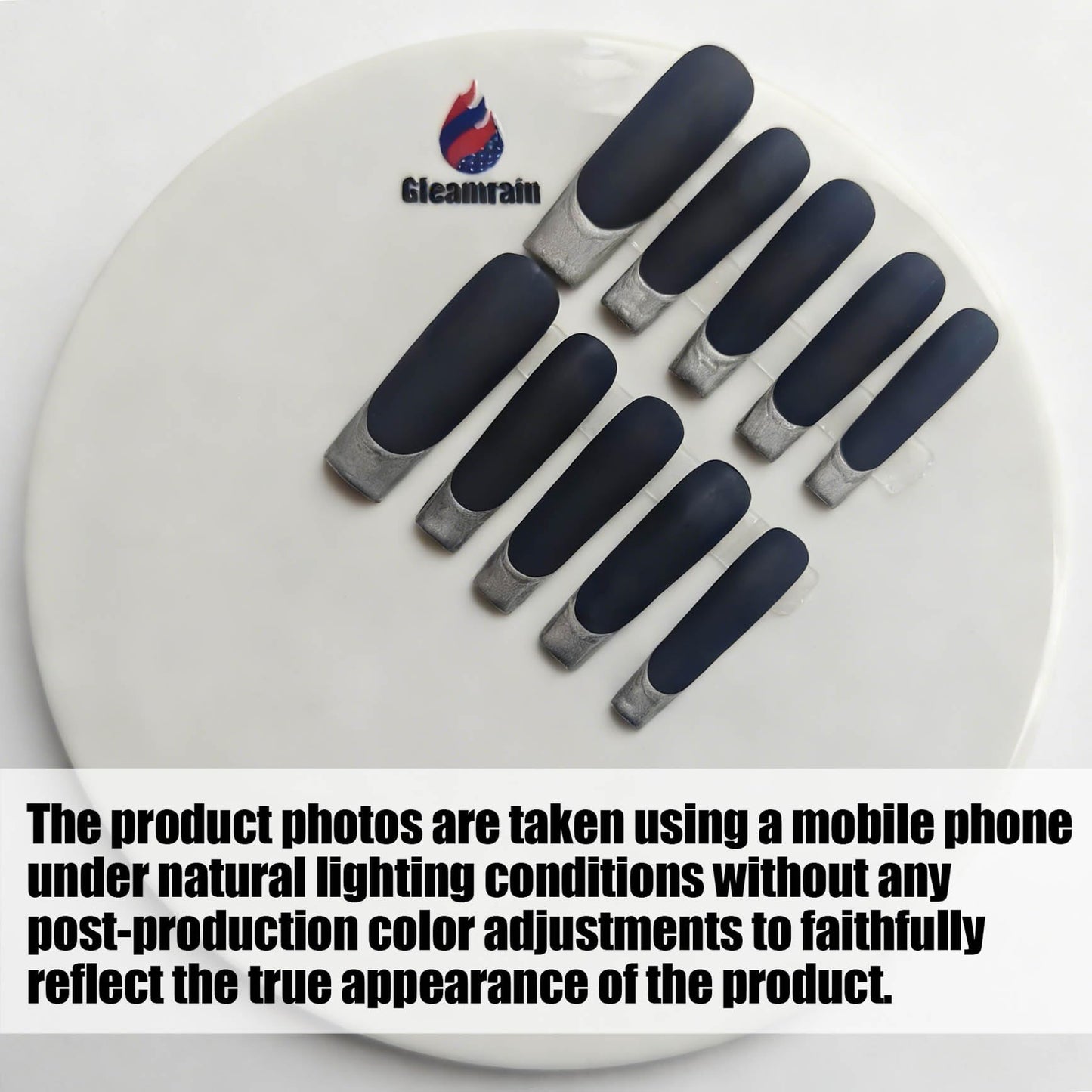 Gleamrain 10pcs Handmade Extra Long Press-on Nails Coffin Shape (M Size) with Silver French Tip Designs Black Press on Acrylic Nails for Women Suitable for Holiday Wear, D104