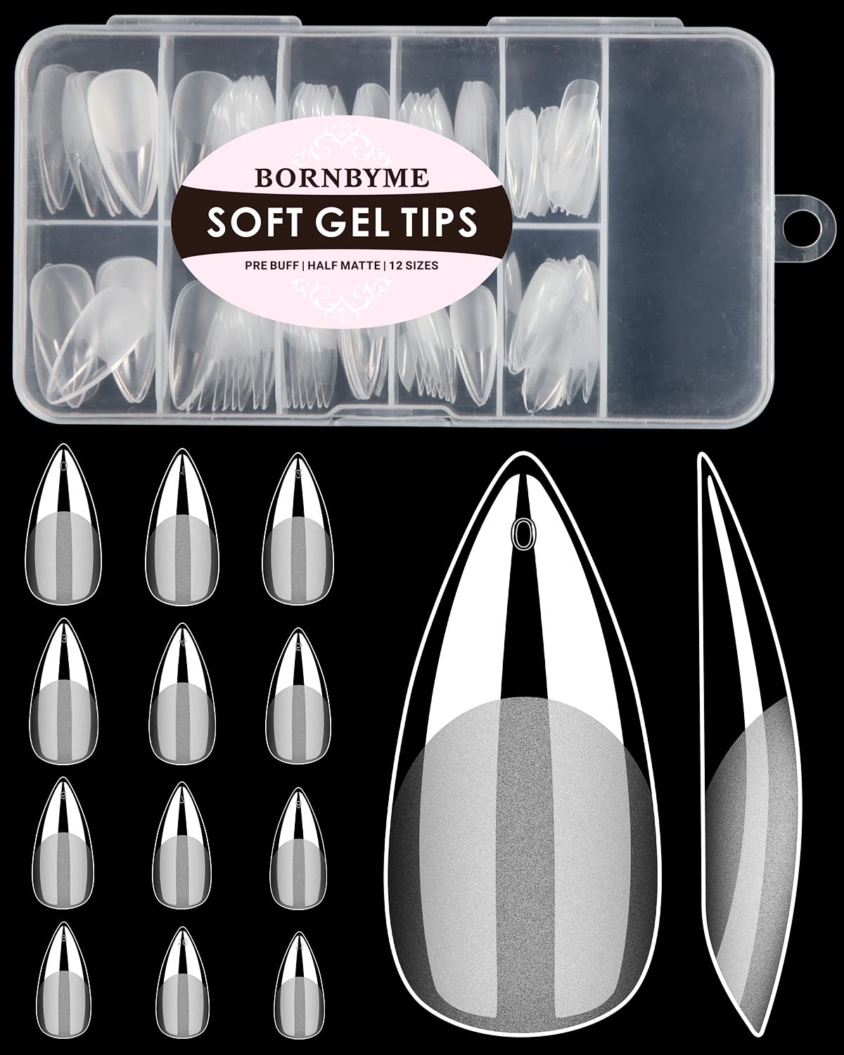 Soft Gel Nail Tips Medium Stiletto, 120PCS Pre Buff Full Cover Shaped Nail Extenison Tips Half Matte Gel Nail Tips BORNBYME