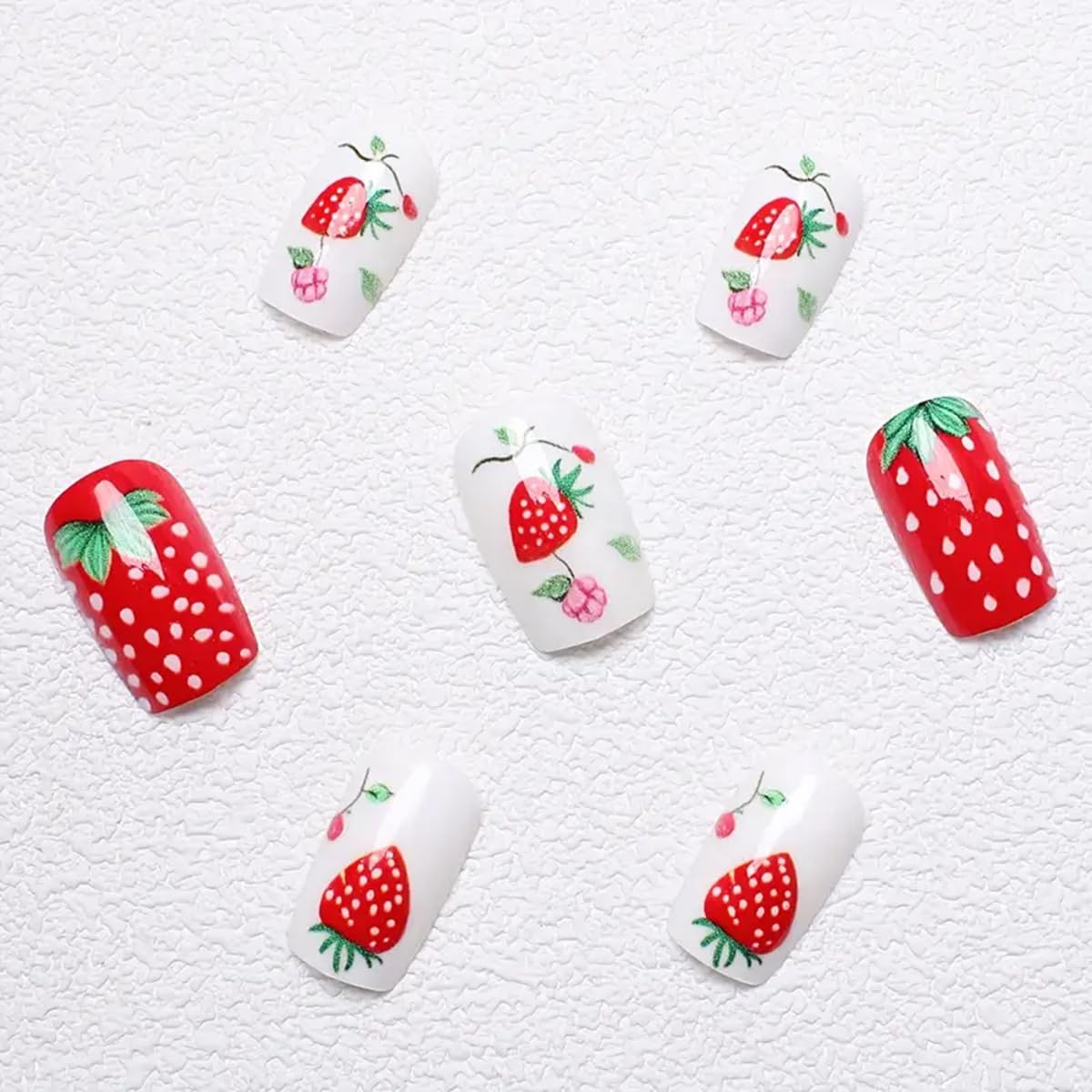 24Pcs Cute Press on Nails Medium Square Fake Nails Red Strawberry False Nails with Flower Design Full Cover Glue on Nail Cute Reusable Acrylic Nails Kit Holiday DIY for Women Girls