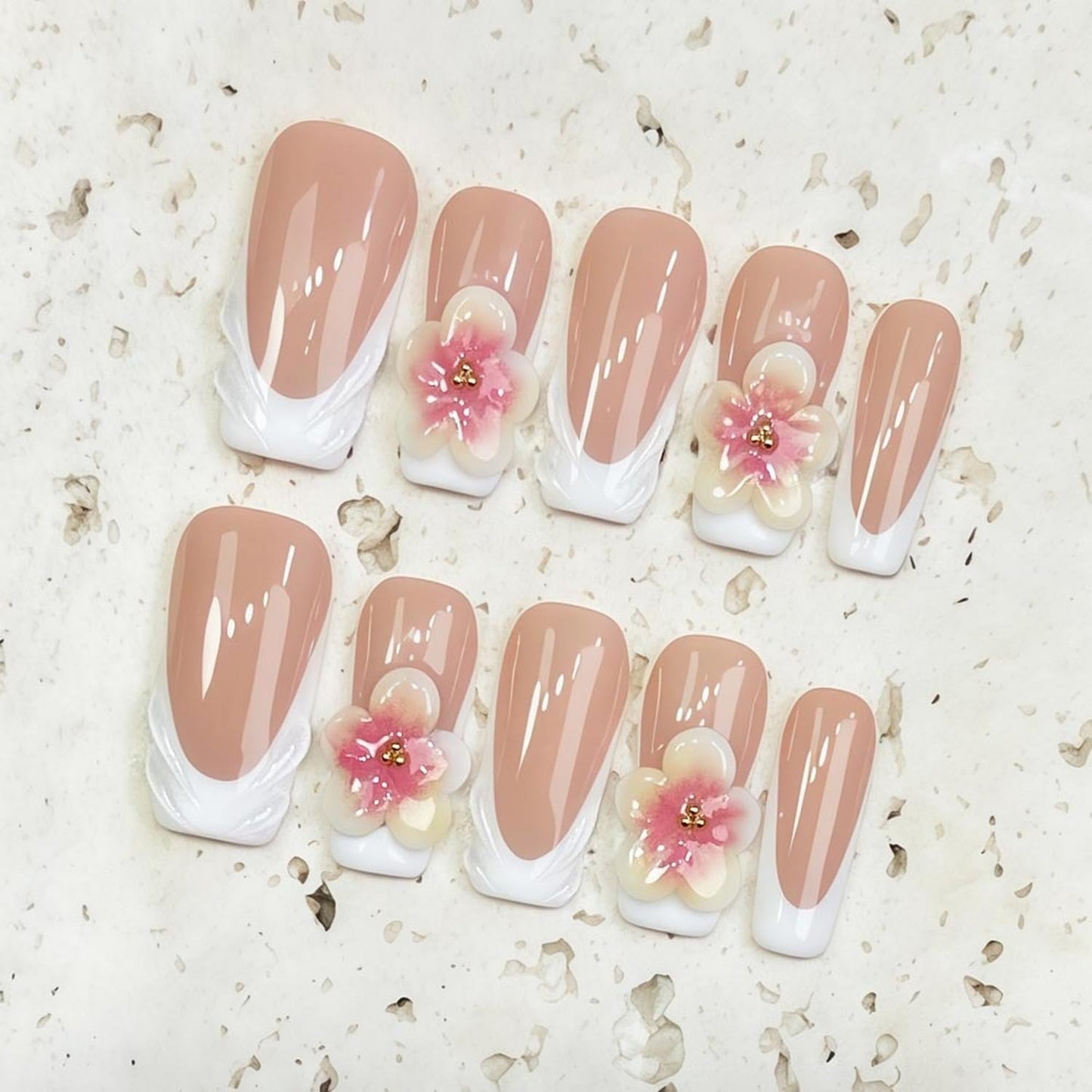 Handmade Press on Nails Long Square White French Tip Thick Acrylic Fake Nails 3D Flower False Nail with Embossed Designs Elegant Sturdy Nail Art Press on Nails Multi Gel Stick on Nail 10Pcs (M)