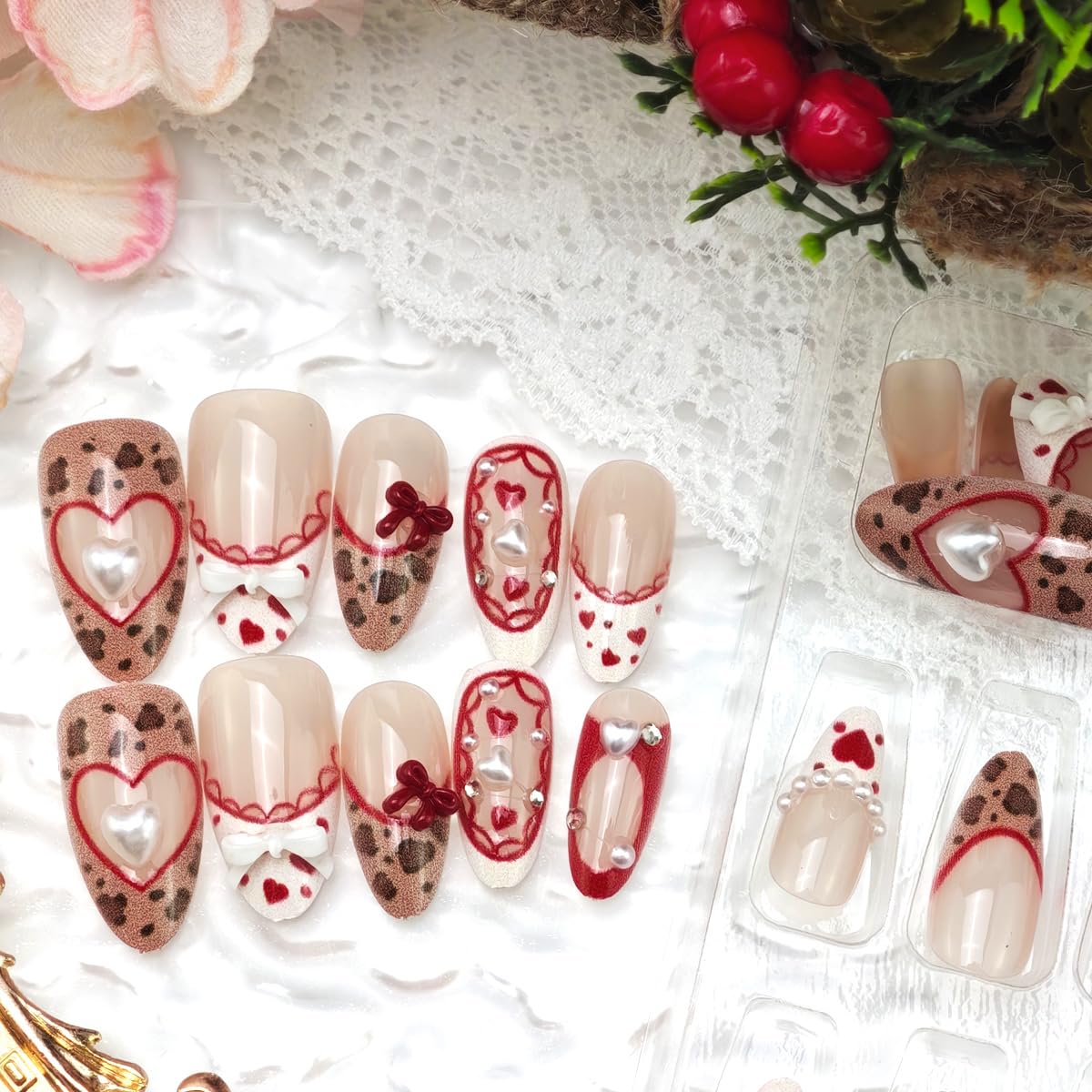 24Pcs Valentine Press on Nails Medium Almond Fake Nails 3D Bow Leopard Print Pearl Rhinestones Design Cute French Tip False Nails Romantic Red Heart Full Cover Stick on Nail for Women Manicure Salon