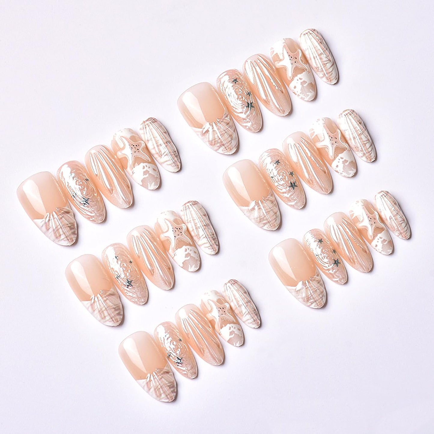 Summer Beach Press on Nails Kit Medium Almond Nail French Tip Fake Nails with 3D Pearl Seashell Design Stick on Nails Cute Starfish False Nail Ocean Acrylic Nails Water Ripples Nails for Women 30Pcs