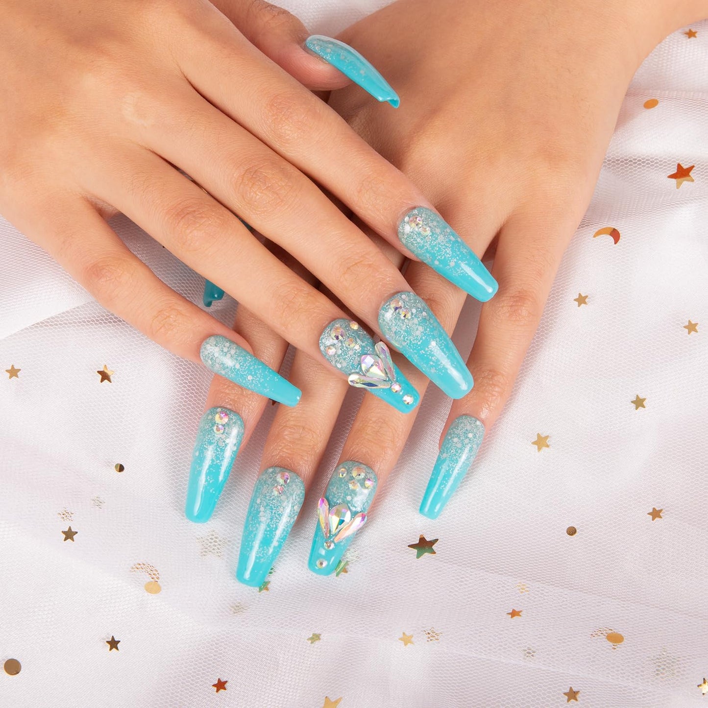 LOVFUL Press on Nails Clubbing Cinderella | Handmade with Full Covered Crystals | Reusable Fake Nails | Coffin Classic Regular 1.3 in | H25-M