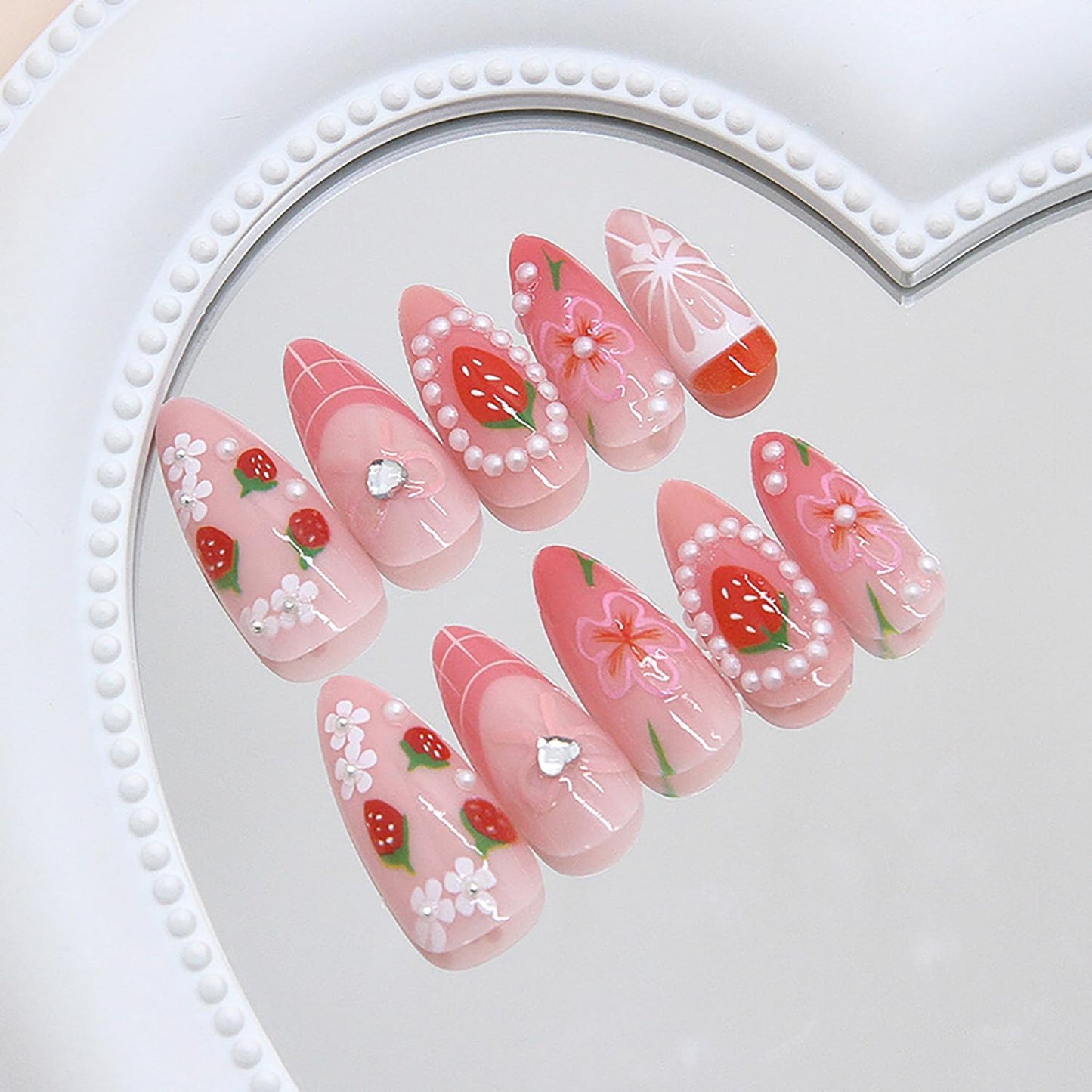 EYZOTSF Press on Almond Nails Medium Length Glossy Full Cover Acrylic Almond Shaped False Nails with Designs Artificial Fake Nail with Charms Glue Stick ons Fingernails for Women Girls(Z1105)