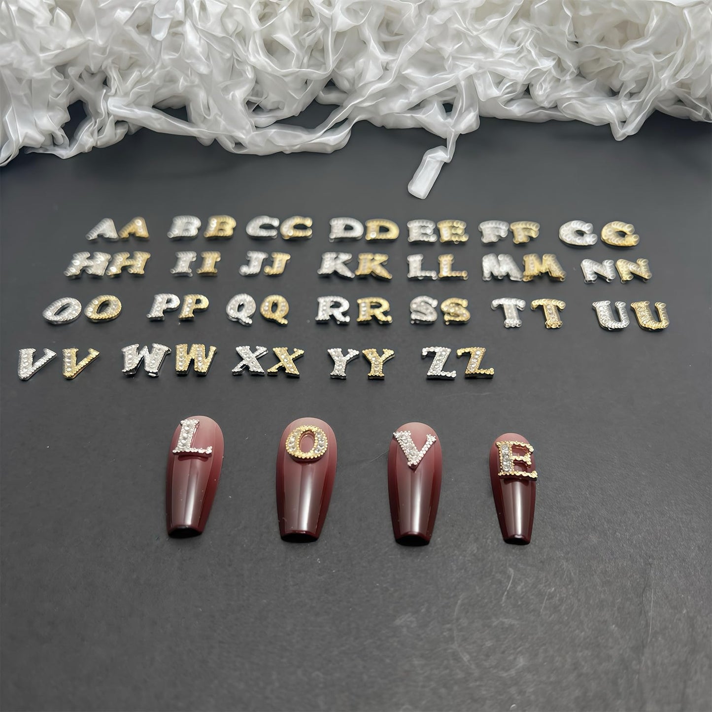 Pizadix 104 Pcs 3D Silver and Gold Nail Charms Letters Initial Charms for Nails Nail Letter Charms Alphabet Rhinestone Letter Nail Charms for Nail Art Design Decoration DIY Craft