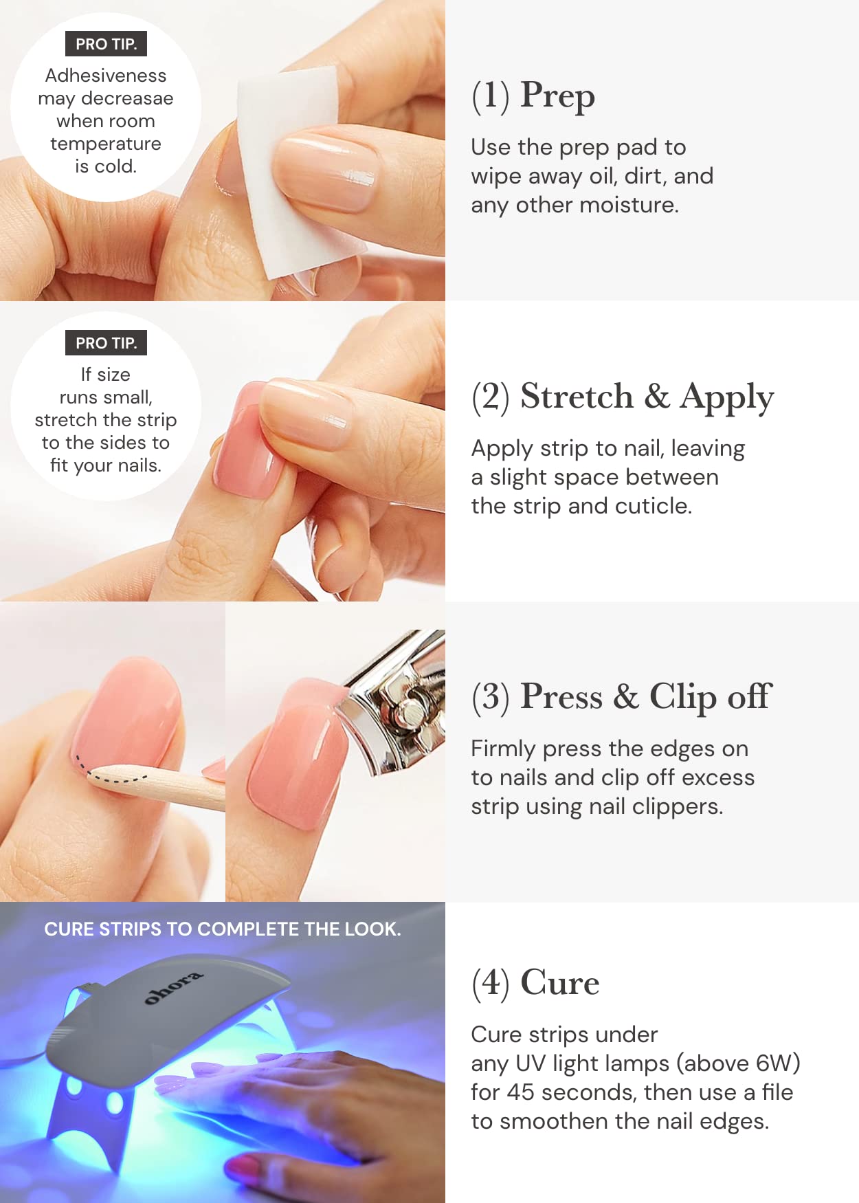 ohora Semi Cured Gel Nail Strips Set of 2(N Cream Cotton, N Cream Indigo)-Works with Any Nail Lamps, Salon-Quality, Long Lasting, Easy to Apply & Remove-Includes 2 Prep Pads, Nail File & Wooden Stick