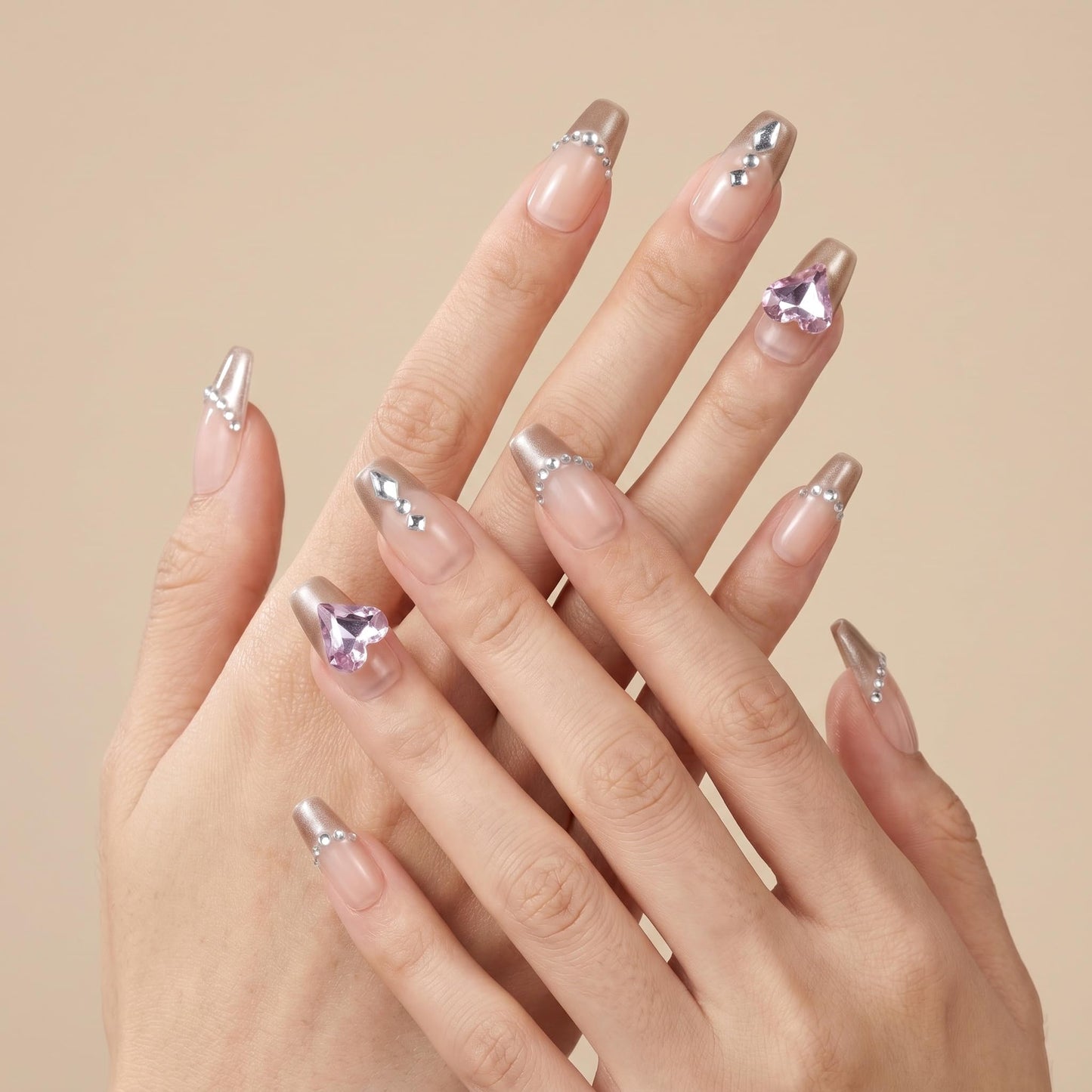 Sun&Beam Nails Handmade Press-on Medium Long Coffin Ballerina Nude Gold French Rhinestone Design False Nail Tips 10 Pcs (#136 M)