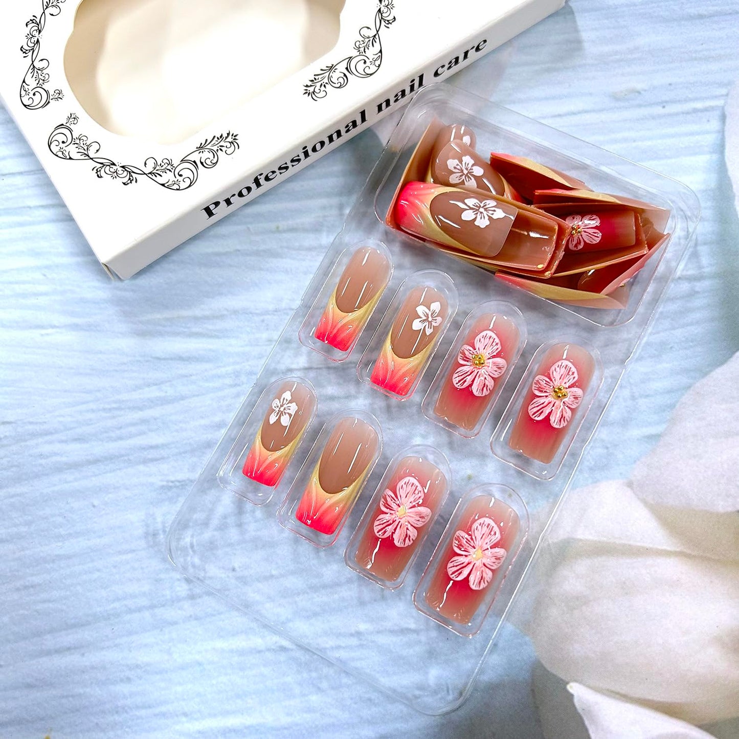 Flower Press on Nails Medium Square French 3D Pink Gradient False Nails Gold Rhinestones Design Full Cover Coffin Nails Acrylic Artificial Nails French Stick on Nails DIY Glue on Nails for Women