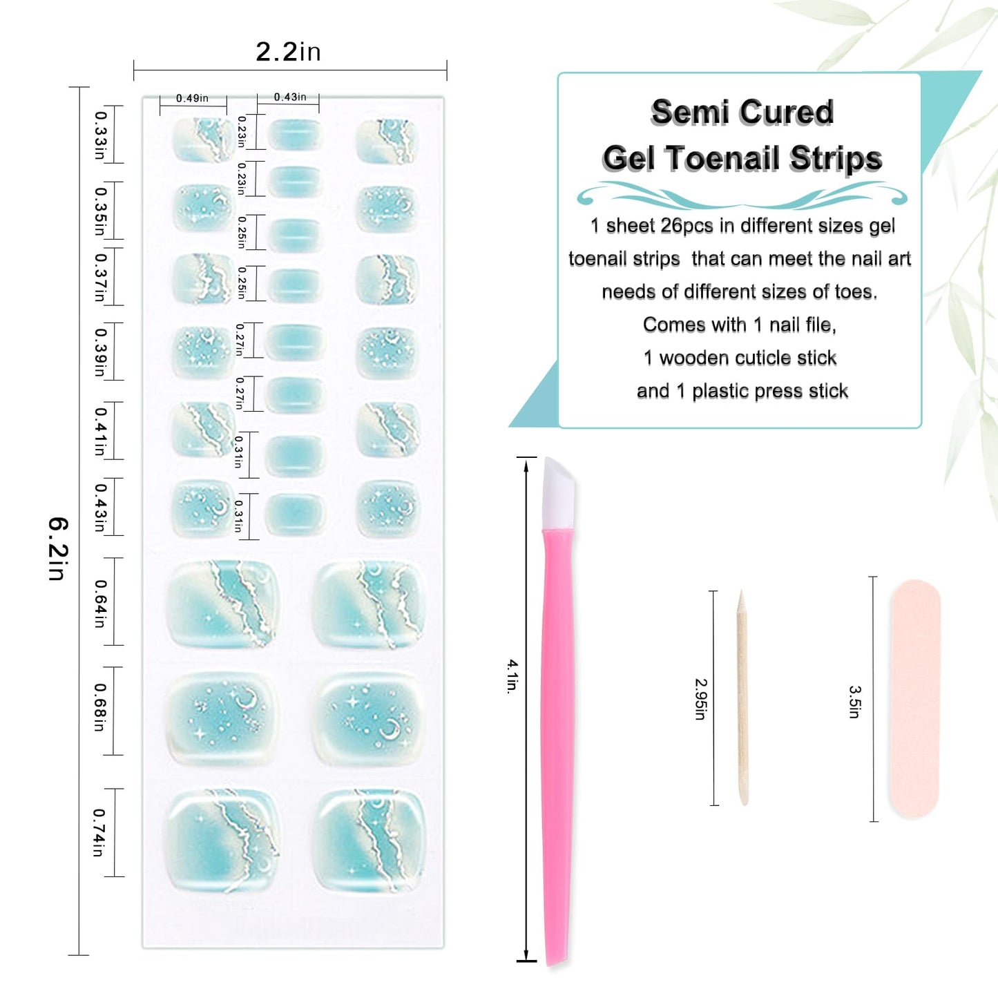 XEAOHESY 26pcs Semi Cured Gel Toe Nail Strips, Pedicure Nail Strips, Toe Nail Stickers, Needs to Be Cured, Come With Nail File, Wood Cuticle Stick, Plastic Press Stick（Cyan+Moon Star）