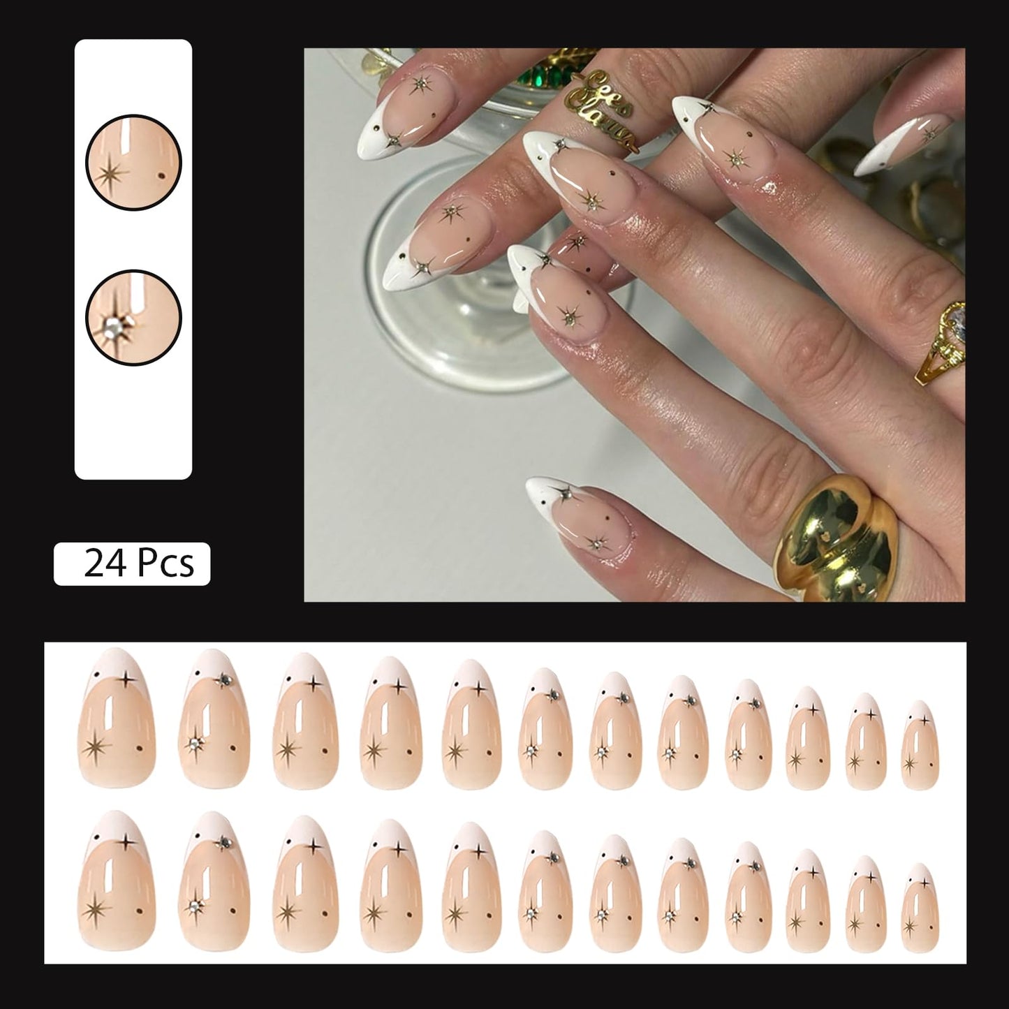 VOTACOS White French Tip Press on Nails Almond Medium Nude Acrylic Fake Nails Press Ons with Designs Golden Star Pot Rhinestone Glue on Nail for Women 24PCS Reusable Artificial Stick on False Nail