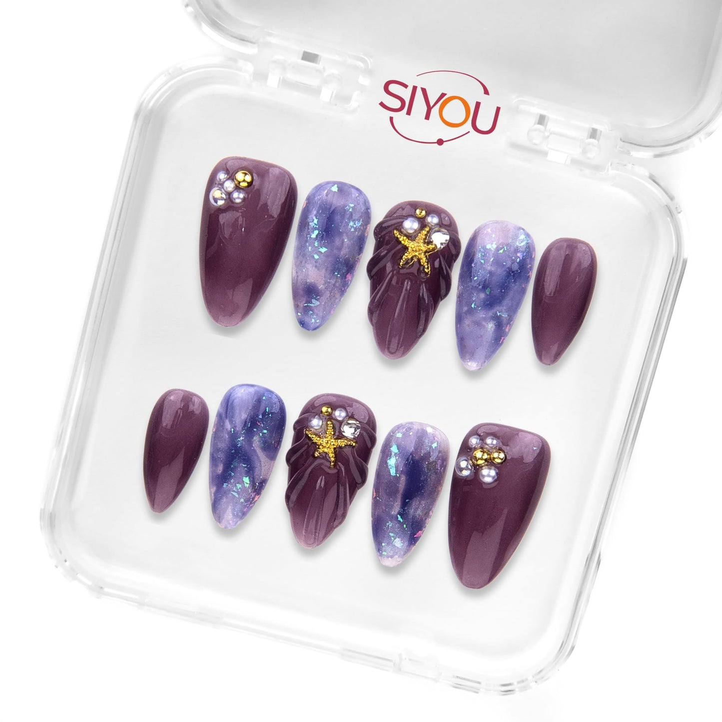 SIYOU Beauty | Ocean's Enchant | Purple Mermaid Short Almond Press On Nails for Women (Small) - Reusable, Salon-Quality Fake Nails (10pc)
