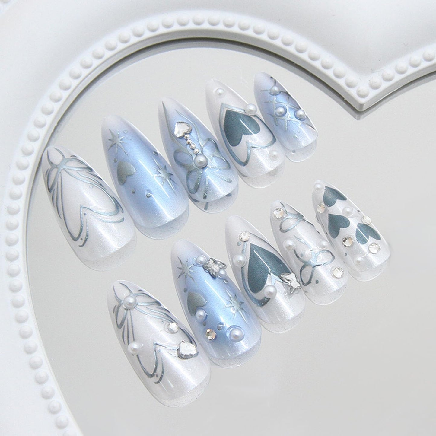 Blue Press on Nails Medium Almond Fake Nails with 3D Diamond Pearl Star Charms Acrylic Nails Press ons Cute Design Heart-shaped Press ons Gradient Bow Silver Star Stick on Nails for Women Daily Wear
