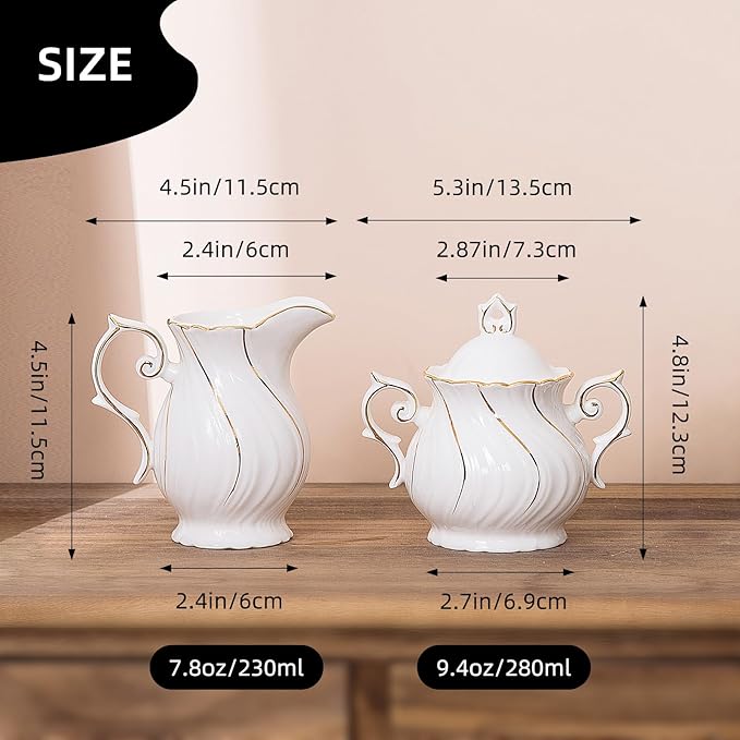 Sugar and Creamer Set Ceramic, Creamer Pitcher and Sugar Bowl with Lid, Creamer Pitcher with Handle,Sugar Cube Dish Coffee or Tea, White with gold thread