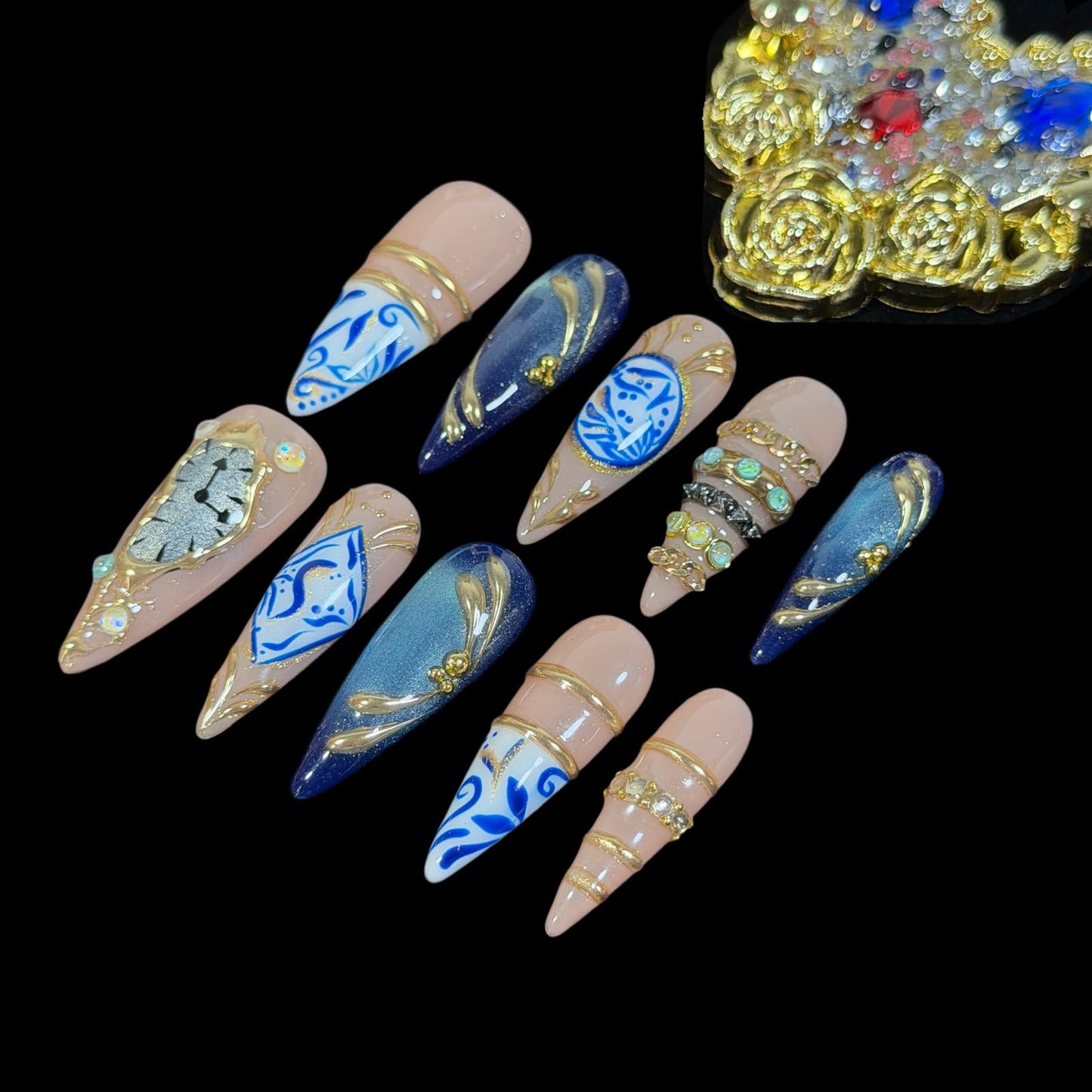 3D Handcrafted Press On Nails, Luxury Fake Nails with Porcelain Pattern, Ring Jewelry Inspired & Unique Clock Face Design, Reusable Acrylic False Nails Navy Blue (L)