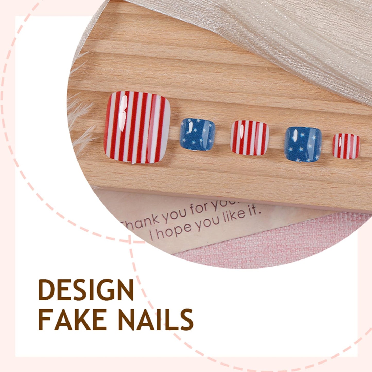 4th of July Press on Toenails Short Square Fake Toe Nails Independence Day False Toenails with Star Stripe Design Patriotic Toenail Press ons Glossy Acrylic Stick on Toes for Women 24Pcs