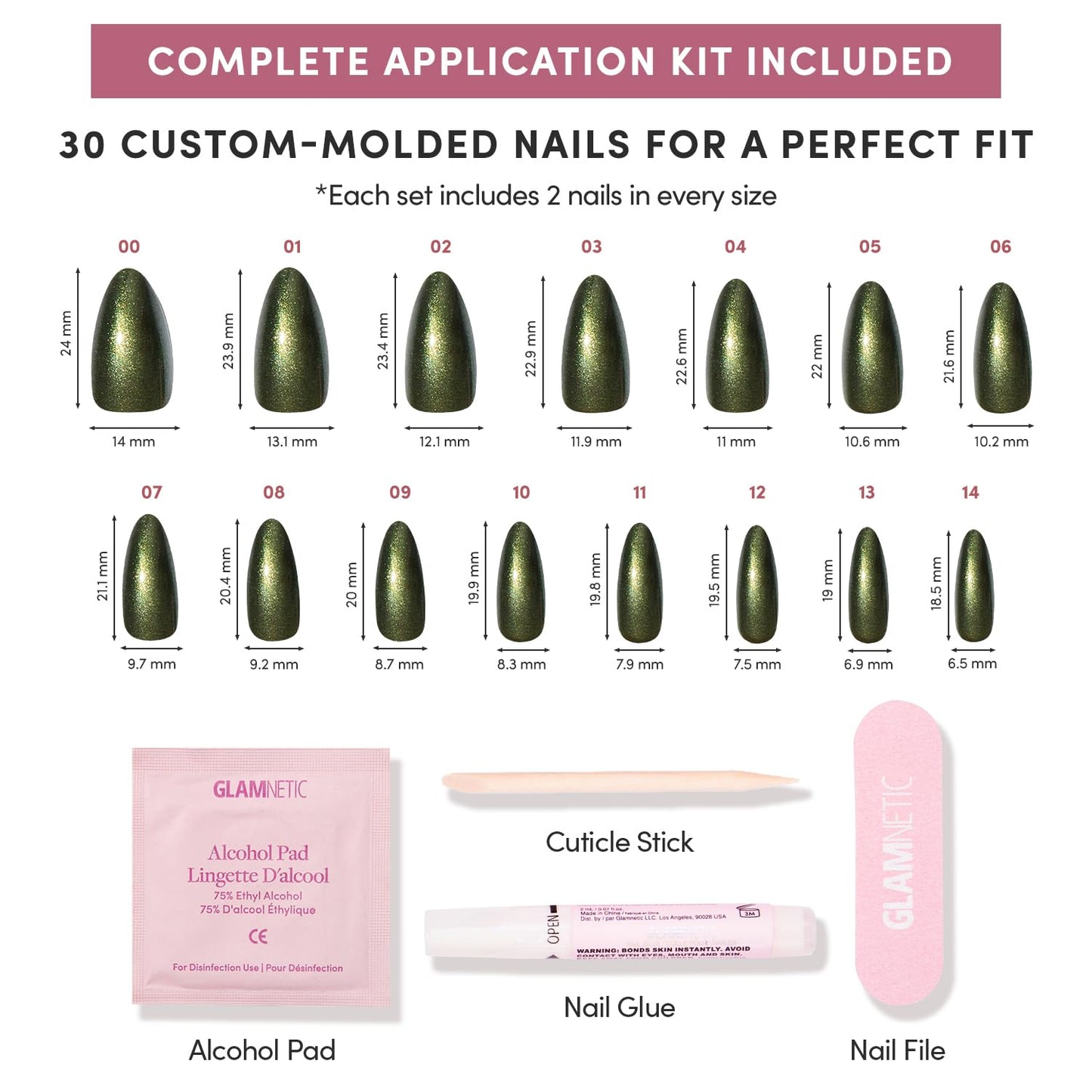 Glamnetic Press On Nails - Cutie Pine | Medium Almond Fake Nails in Deep Evergreen with a Pearl Chrome Finish, Salon Quality Holiday Winter Nails | 15 Sizes - 30 Nail Kit with Glue