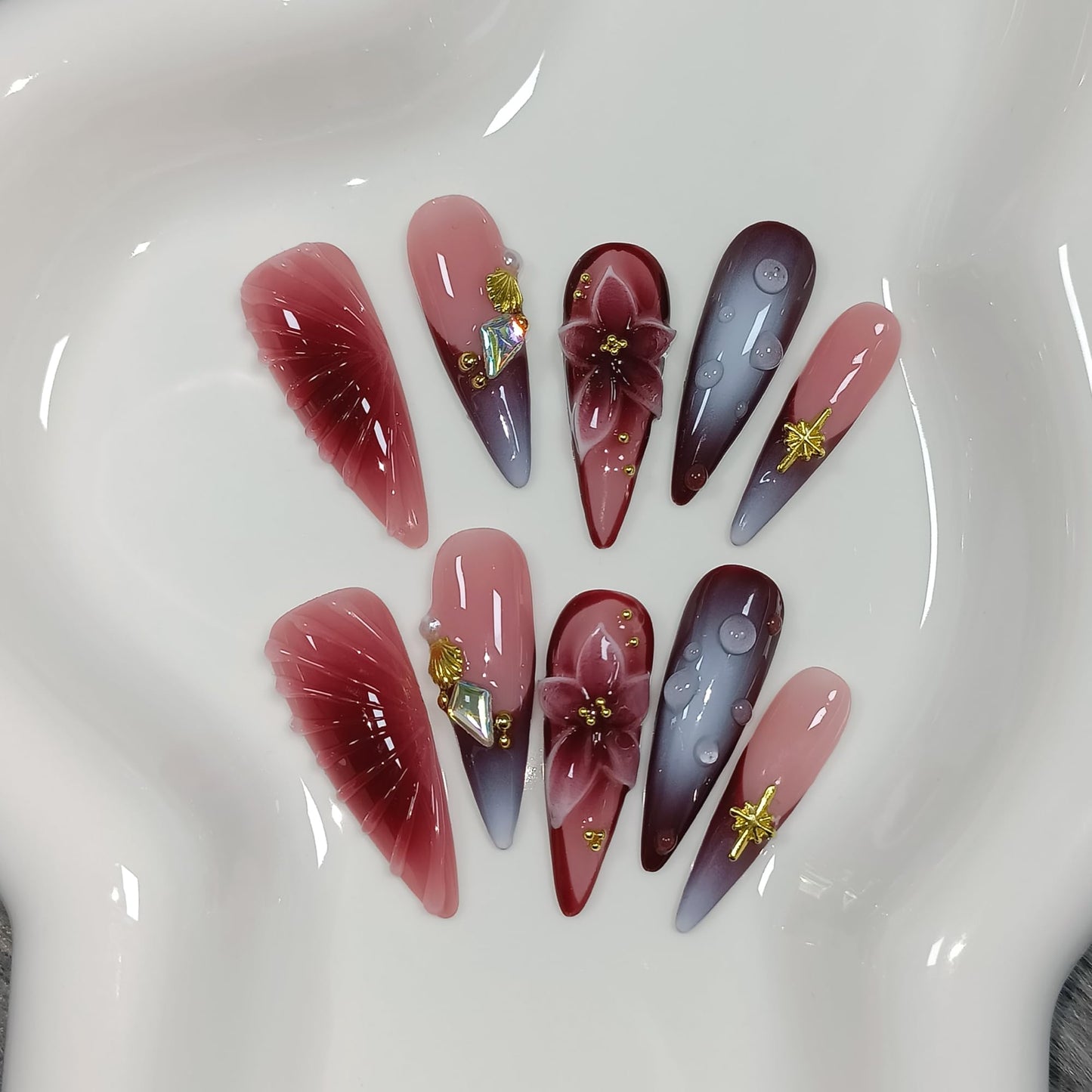 TENPAL Stiletto Press on Nails - Wine Brown Blushing French Fake Nails with 3D Floral Teardrop Design,Glossy False Nails with Tools,Handmade Glamorous Winter Style Glue on Nails for Women Girls(S)
