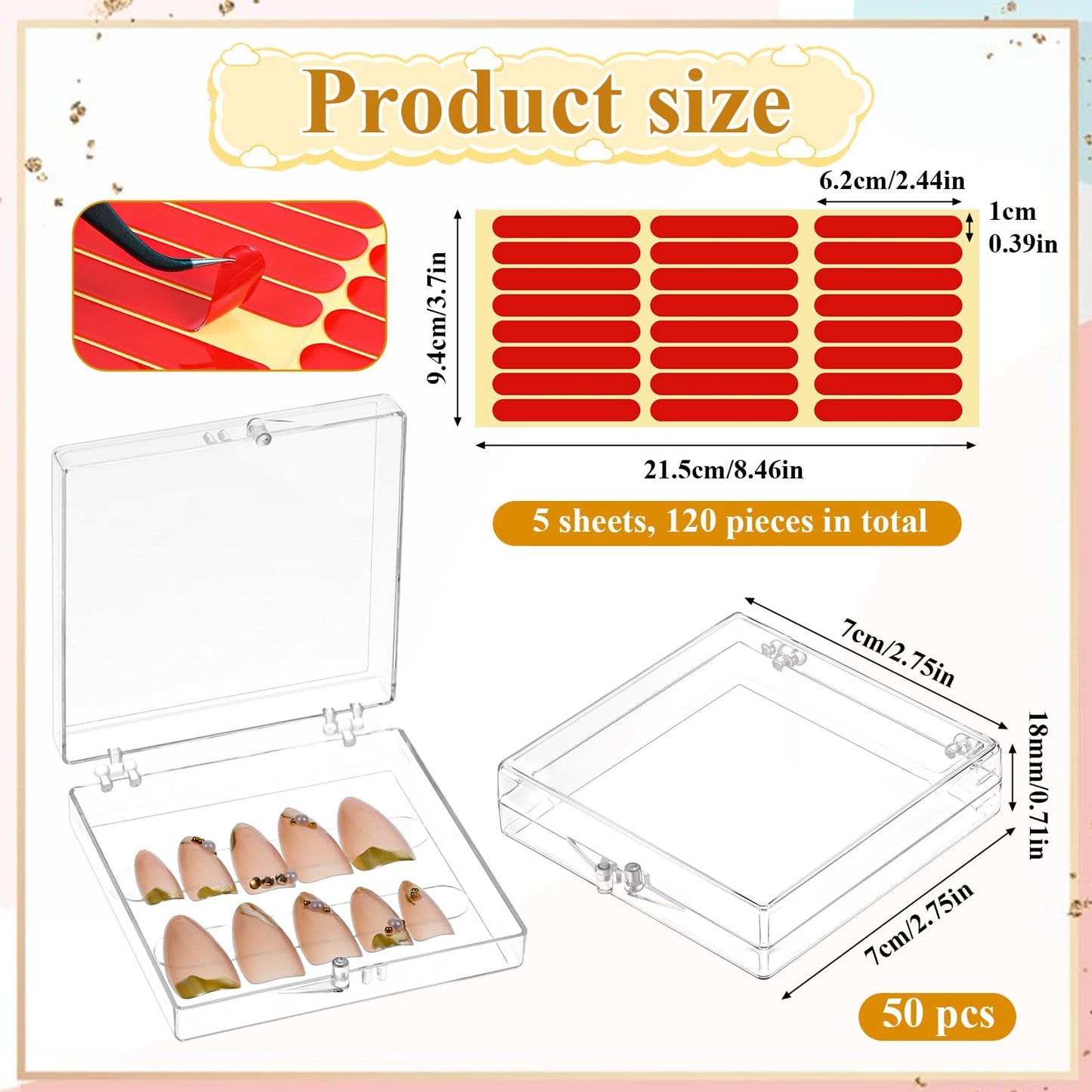 SHENLIU 50 Pack Press on Nails Packaging Box, Clear Acrylic Press on Nail Storage Box with 120 Adhesive Double Sided Tape, Fake Nails Storage Case Nail Display for NailArt Salon Business Supplies