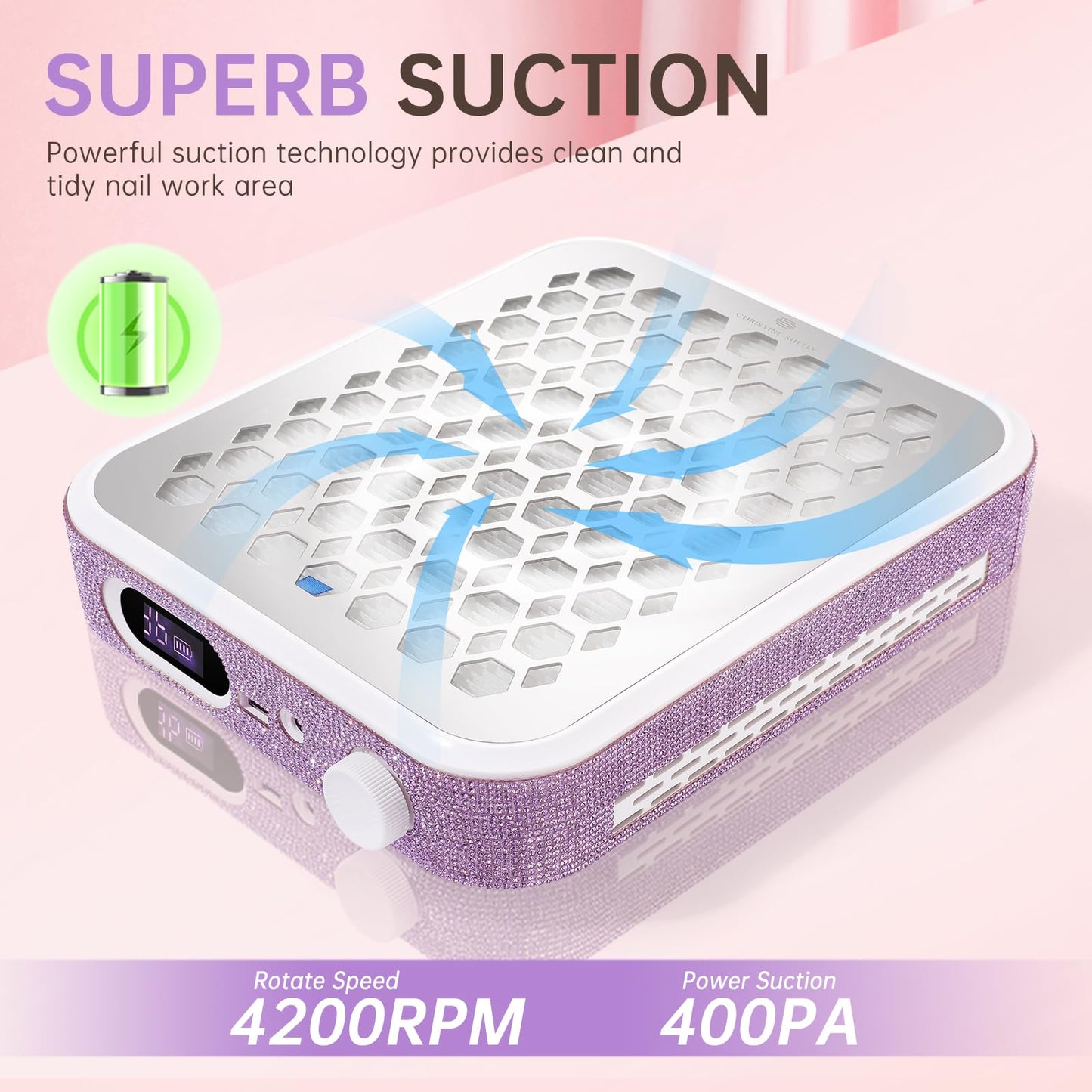 CHRISTINE SHELLY Nail Dust Collector, Rechargeable Dust Collector Nail Tech, Powerful Vacuum Fan Vent Dust Collector Extractor Dust Suction Machine for Acrylic Nails Polishing, Nail Salon&Home,Purple