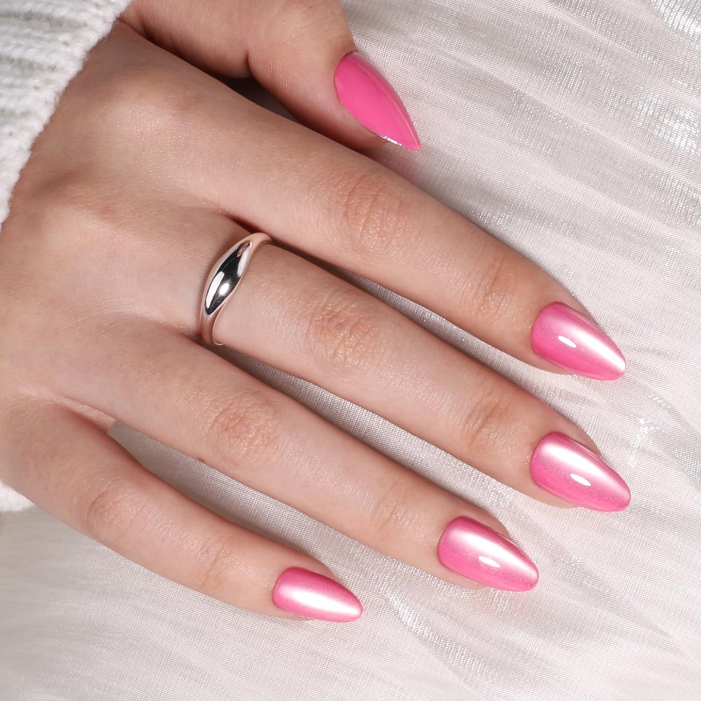 Cat Eye Pink Press On Nails - Fairy Short Almond Fake Nails, CatEye Press On Nails Reusable Stick On Nails in 16 Sizes, 32pcs False Nail Kit for Women & Girls (Starlit Pink)