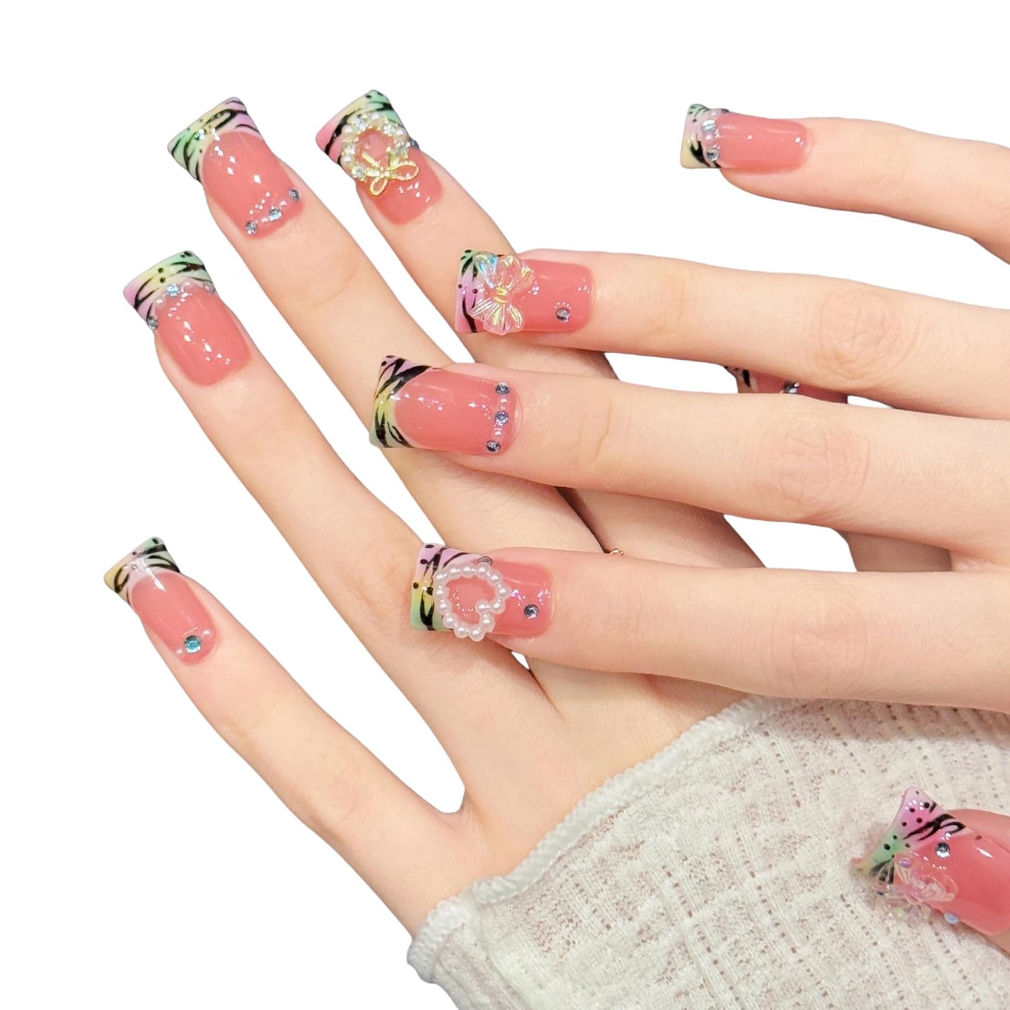 Tesytto Handmade Press On Nails Pastel Rainbow French Tip Short Duck with Iridescent Bow Pearl Heart and Rhinestone, Reusable Cute Summer Stick On Fake Nails for Women Girls, 10 Pcs(Coral Tiger Bow,M)