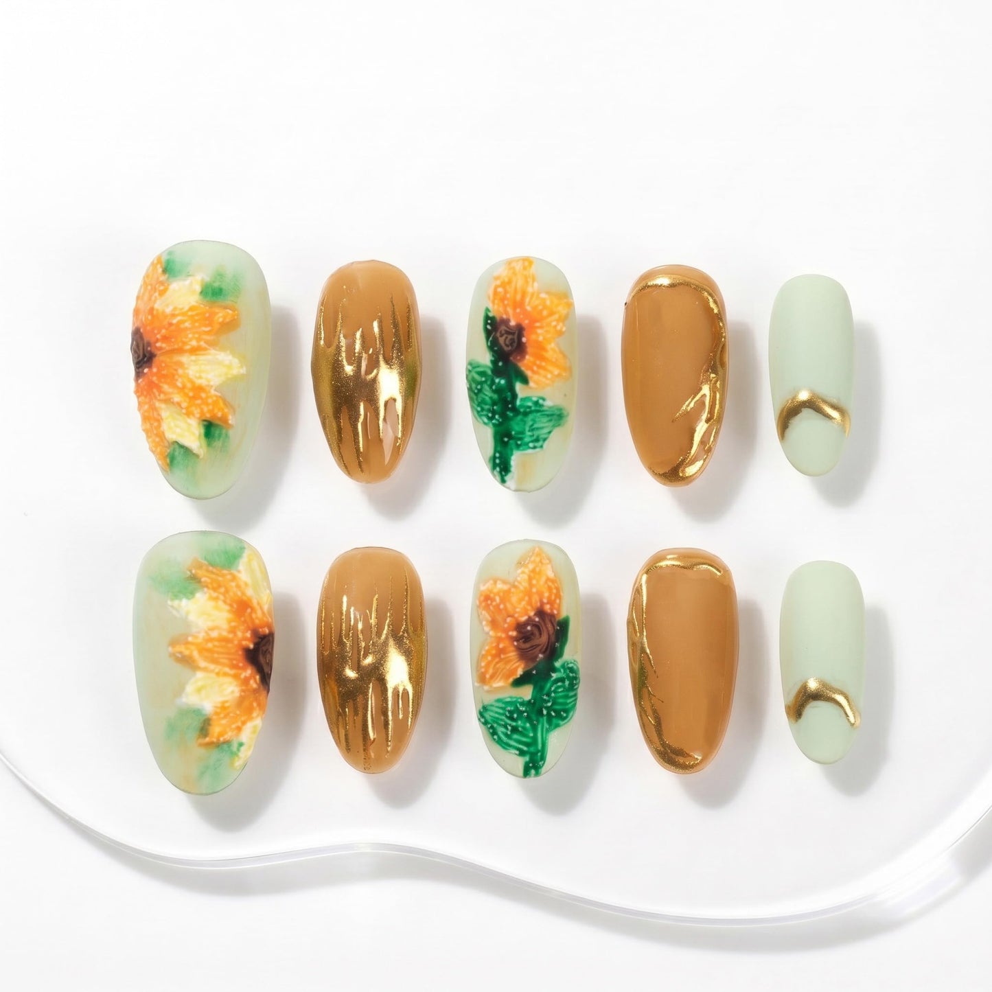 Sun&Beam Nails Handmade Press On Nails Medium Oval Mint Green Caramel Brown Gold Sunflower Floral Design Glossy 10 Pieces for Everyday Wear and Going Out (#022 M)
