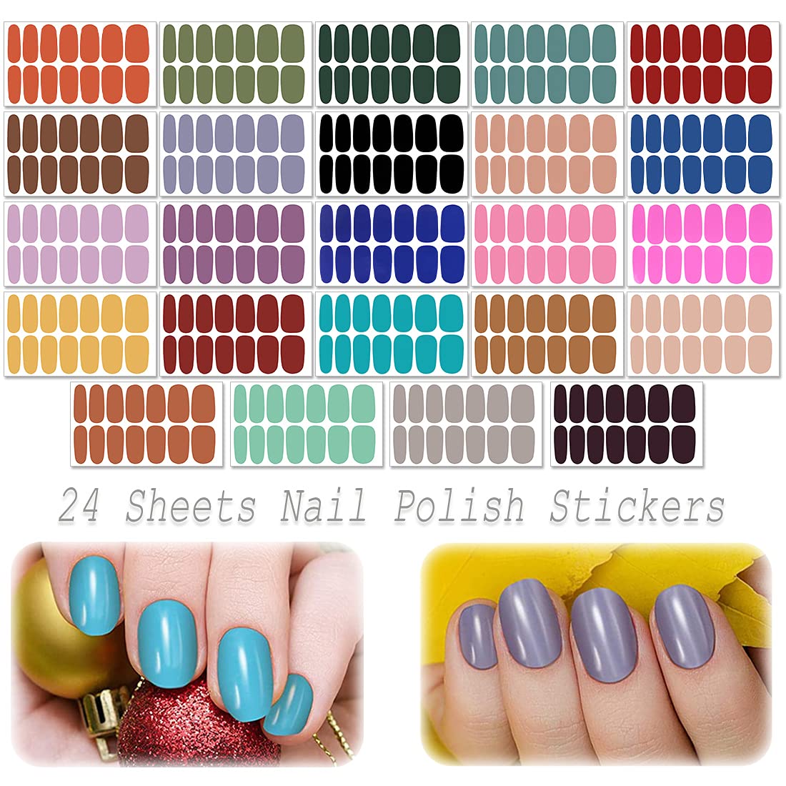 Nail Polish Strips - Solid Color, DANNEASY 24 Sheets Adhesive Nail Polish Stickers Full Nail Wraps Gel Sticker Nails for Women Girls Nail Art Supplies with 1Pc File, Cuticle Stick