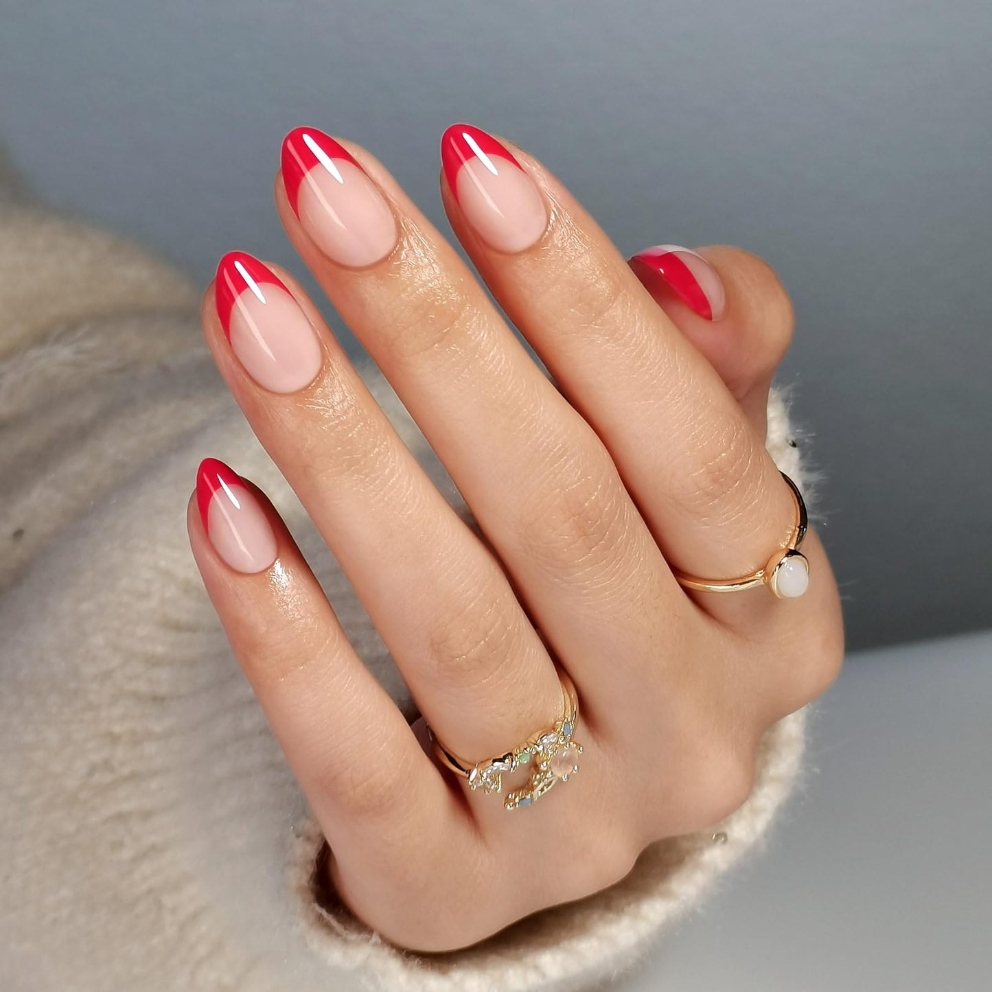 Red French Tip Press on Nails Short - SHANGMENG Soft Gel Almond Press on Nails for Women Gift, Fit Perfectly & Natural Glue on Nails with Glue in 16 Sizes - 32 Reusable Fake Nails, Red French